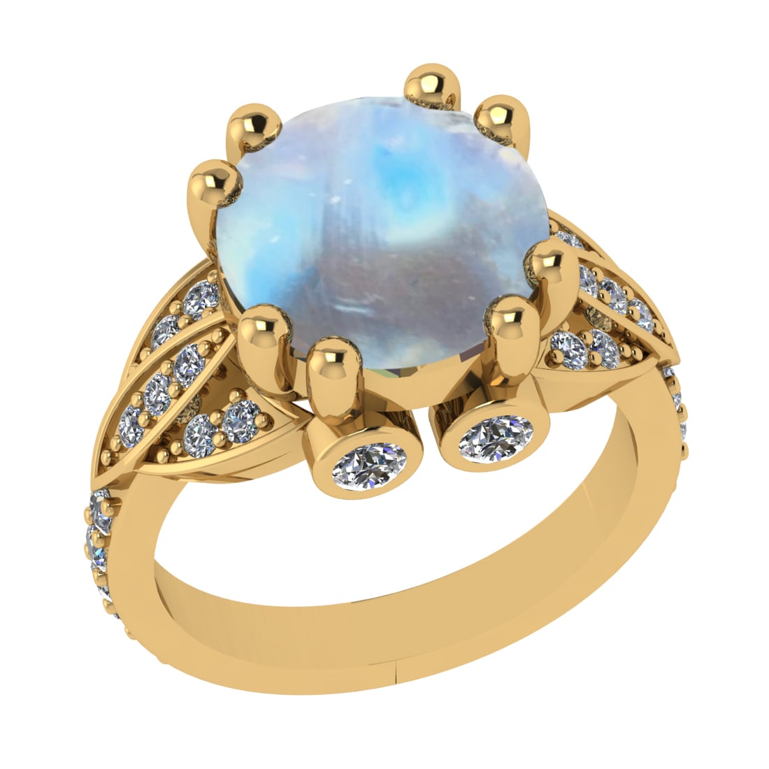 7.18 Ctw I2/I3 Rainbow Moonstone And Diamond 10K Yellow Gold Engagement Rin: Center Stone Weight : 6.46 Ctw ( Round Cab ) Center Stone Color : Rainbow Moonstone Stone Setting : Prong Side Diamond Weight Of Ctw 0.72 Ctw Side Stone Color : J-K Stone Clarity : I2/I3 Stone Setting