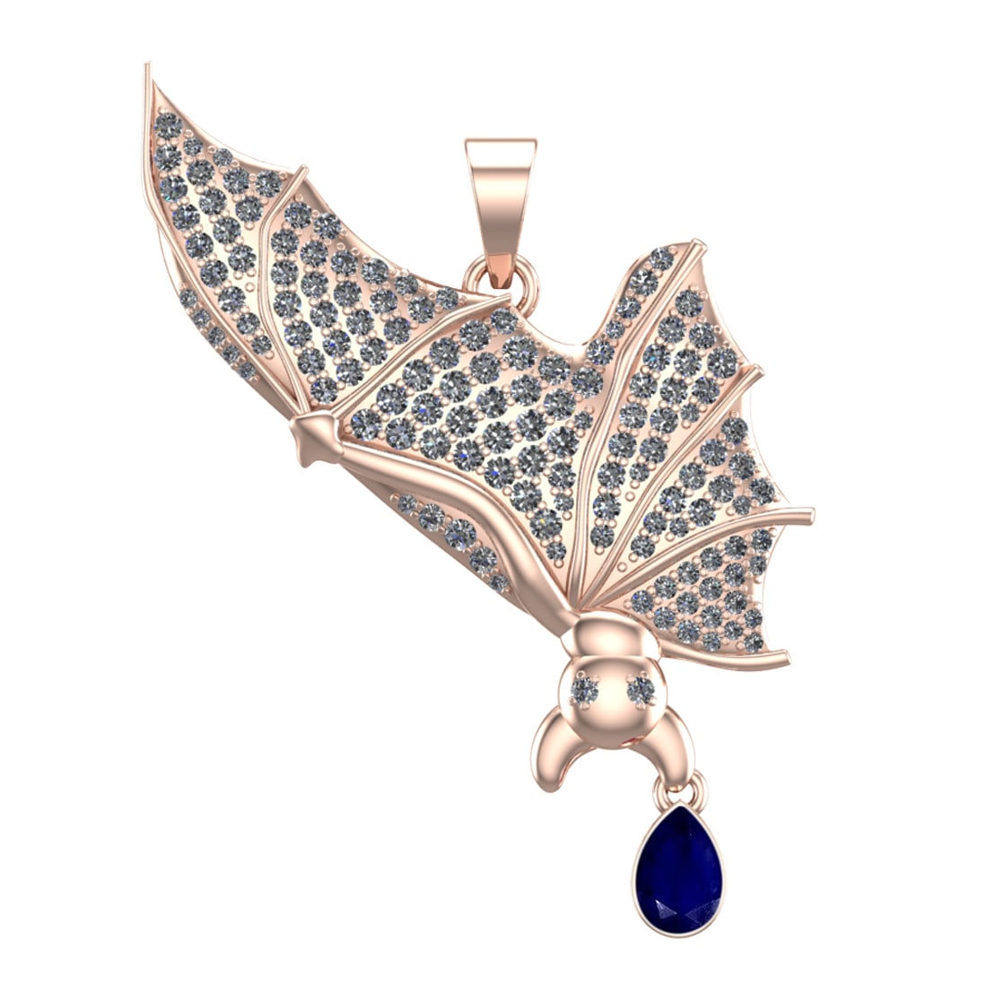 2.05 Ctw VS/SI1 Blue Sapphire and Diamond Prong Set 14k Rose Gold Bat Theme: Center Stone Weight :-0.50 Ctw ( Pear Cut ) Center Stone Color :-Blue Sapphire Center Stone Setting : Prong Side Diamond Weight Of Ctw :- 1.55 Ctw Color : J-K Clarity : VS/SI1 Daimond Setting : Prong 
