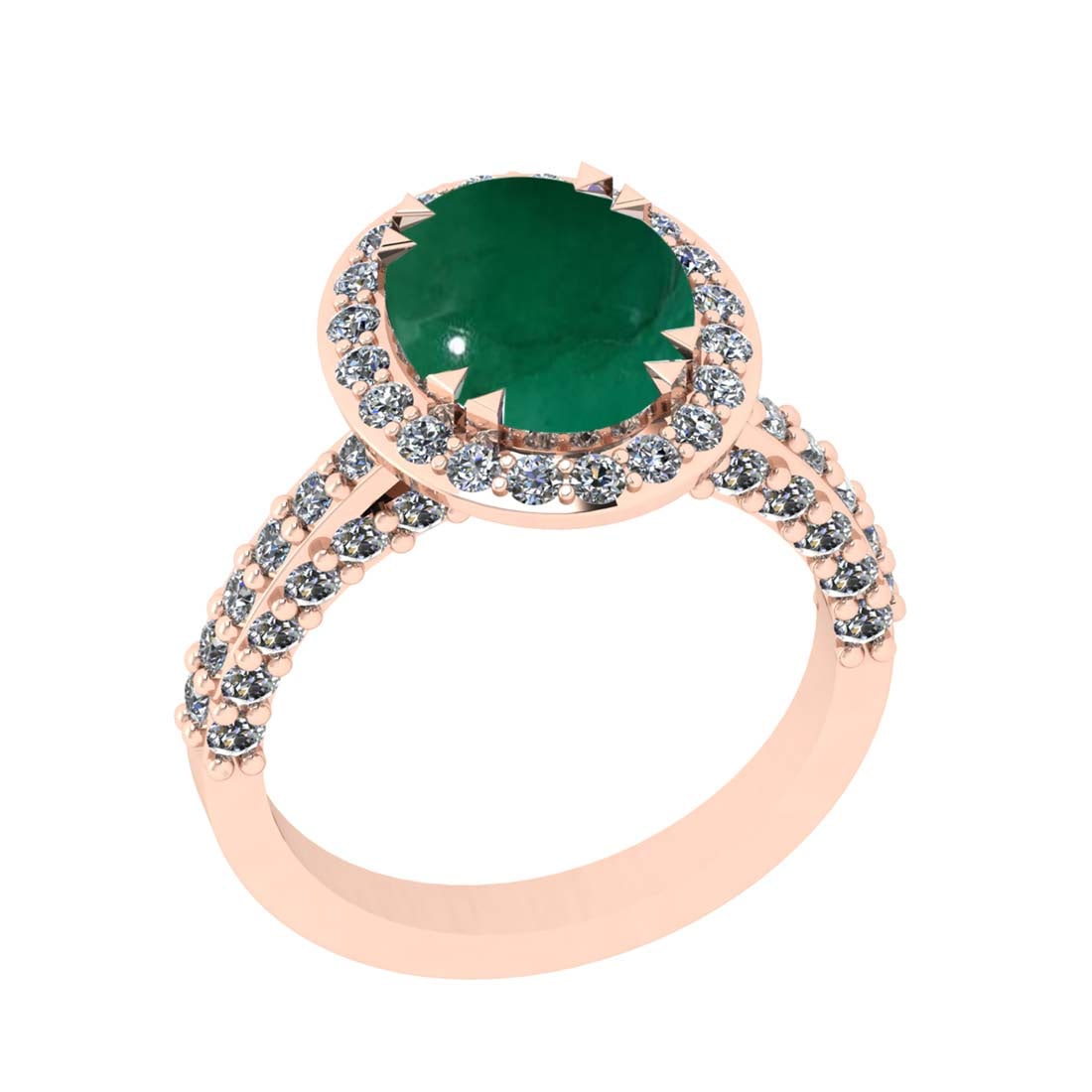 5.43 Ctw VS/SI1 Emerald and Diamond Prong Set 14k Rose Gold Engagement Ring: Center Stone Weight :-3.93 Ctw ( Oval Cab ) Center Stone Color :-Emerald Center Stone Setting : Prong Side Diamond Weight Of Ctw :- 1.50 Ctw Color : J-K Clarity : VS/SI1 Daimond Setting : Prong Metal 