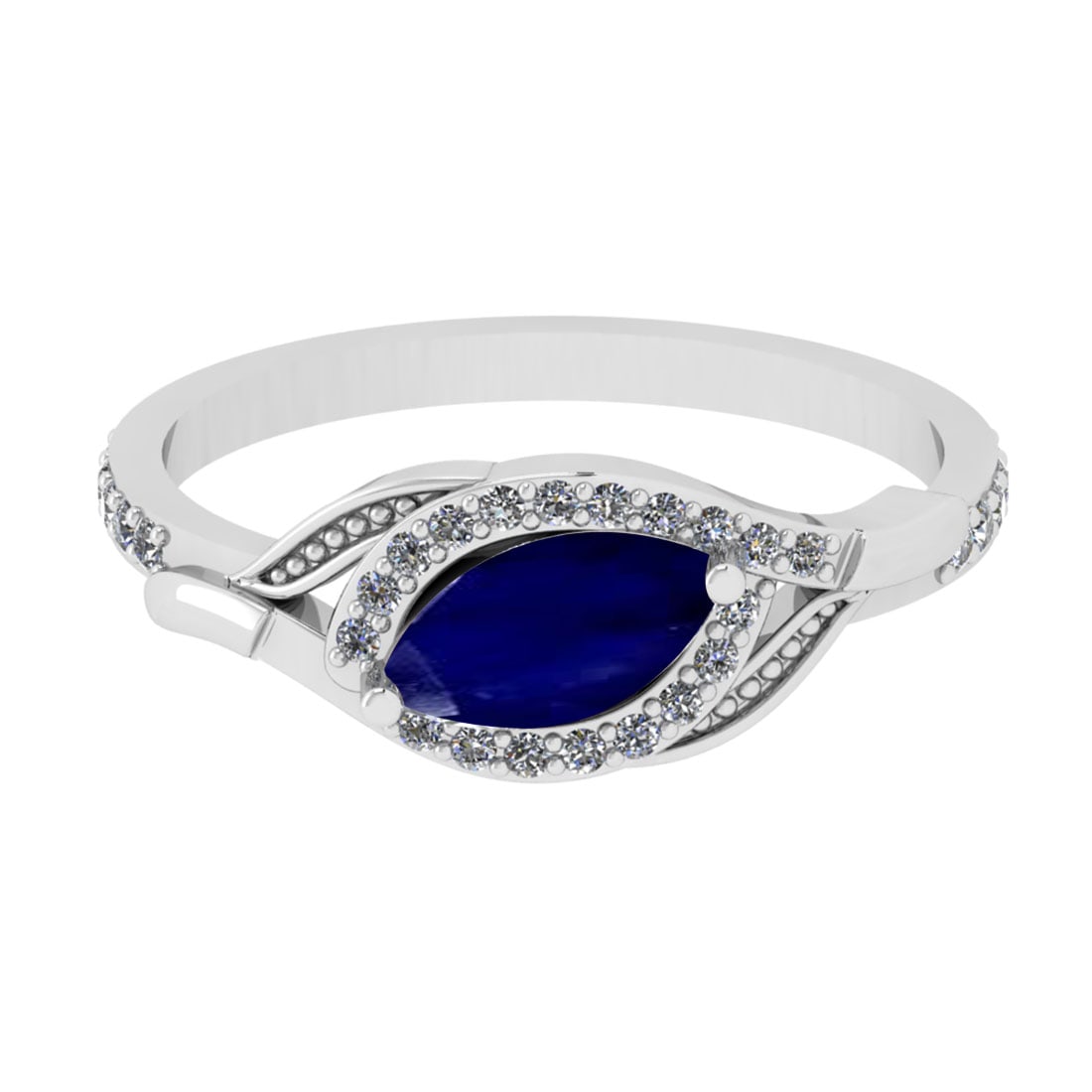 0.57 Ctw VS/SI1 Blue Sapphire And Diamond 14K White Gold Engagement Ring: Center Stone Weight : 0.50 Ctw (Marquise Cut) Center Stone Color : Blue Sapphire Stone Setting : Prong Side Stone Weight Of Ctw 0.17 Ctw Side Stone Color : J-K Stone Clarity : VS/SI1 Stone Setting : P