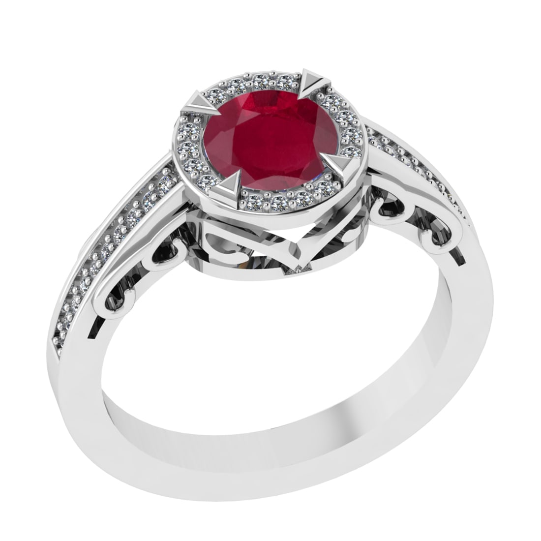 1.02 Ctw VS/SI1 Ruby and Diamond 14k white Gold Engagement Ring: Center Stone Weight :-0.84 Ctw ( Round Cut) Center Stone Color :- Ruby Center Stone Setting : Prong Side Diamond Weight Of Ctw :- 0.18 Ctw Color : J-K Clarity : VS/SI1 Daimond Setting : Prong Metal We