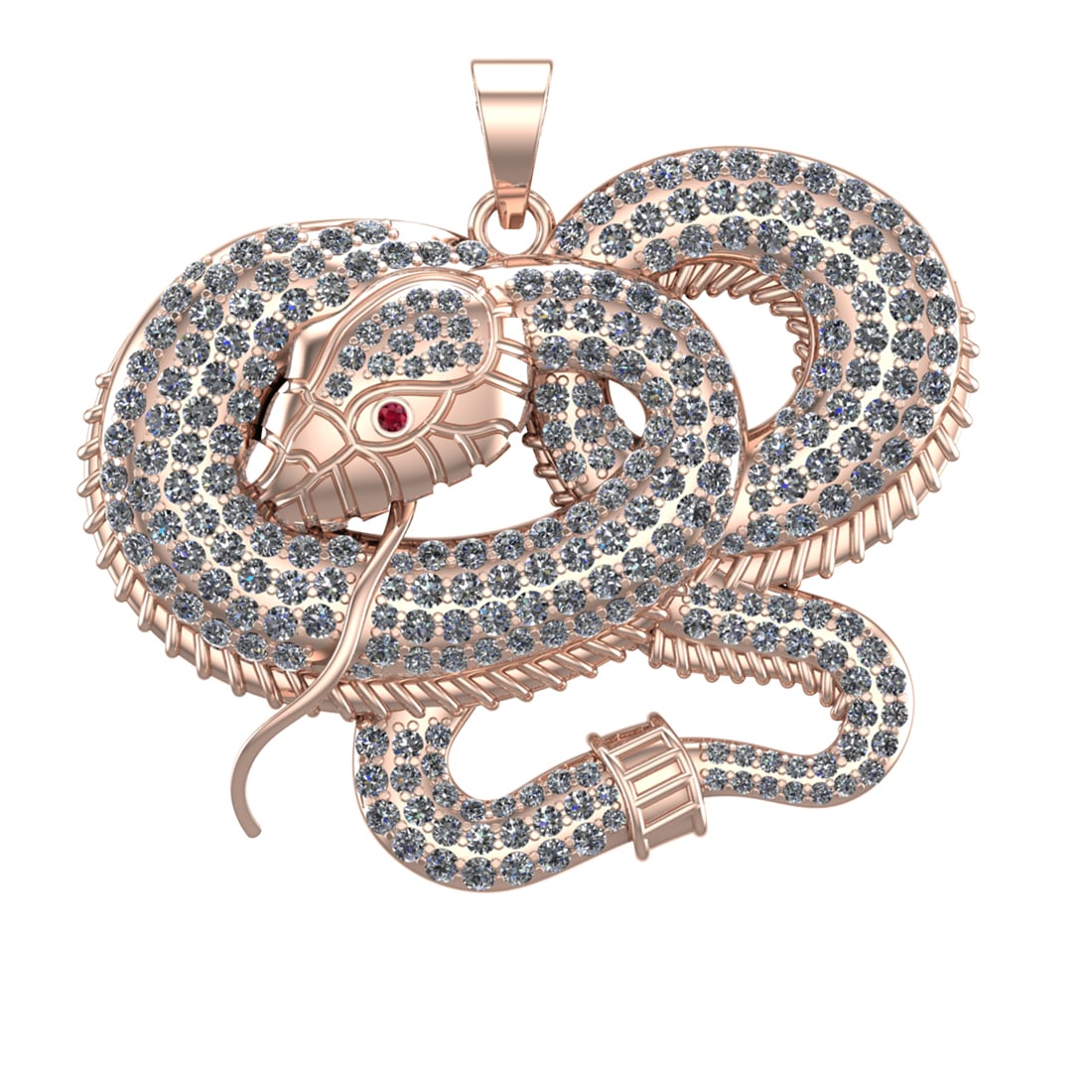 5.35 Ctw VS/SI1 Diamond 14k Rose Gold Snake theme Pendant (ALL DIAMOND ARE: Eye Stone Weight :- 0.01 ctw Eye Stone Color :- (Ruby) Total Daimond Weight :-5.34 Ctw Color : J-K Clarity : VS/SI1 Setting : Prong Metal Weight : Approx 34.56 gram 14k Rose Gold Snake theme Pendant (