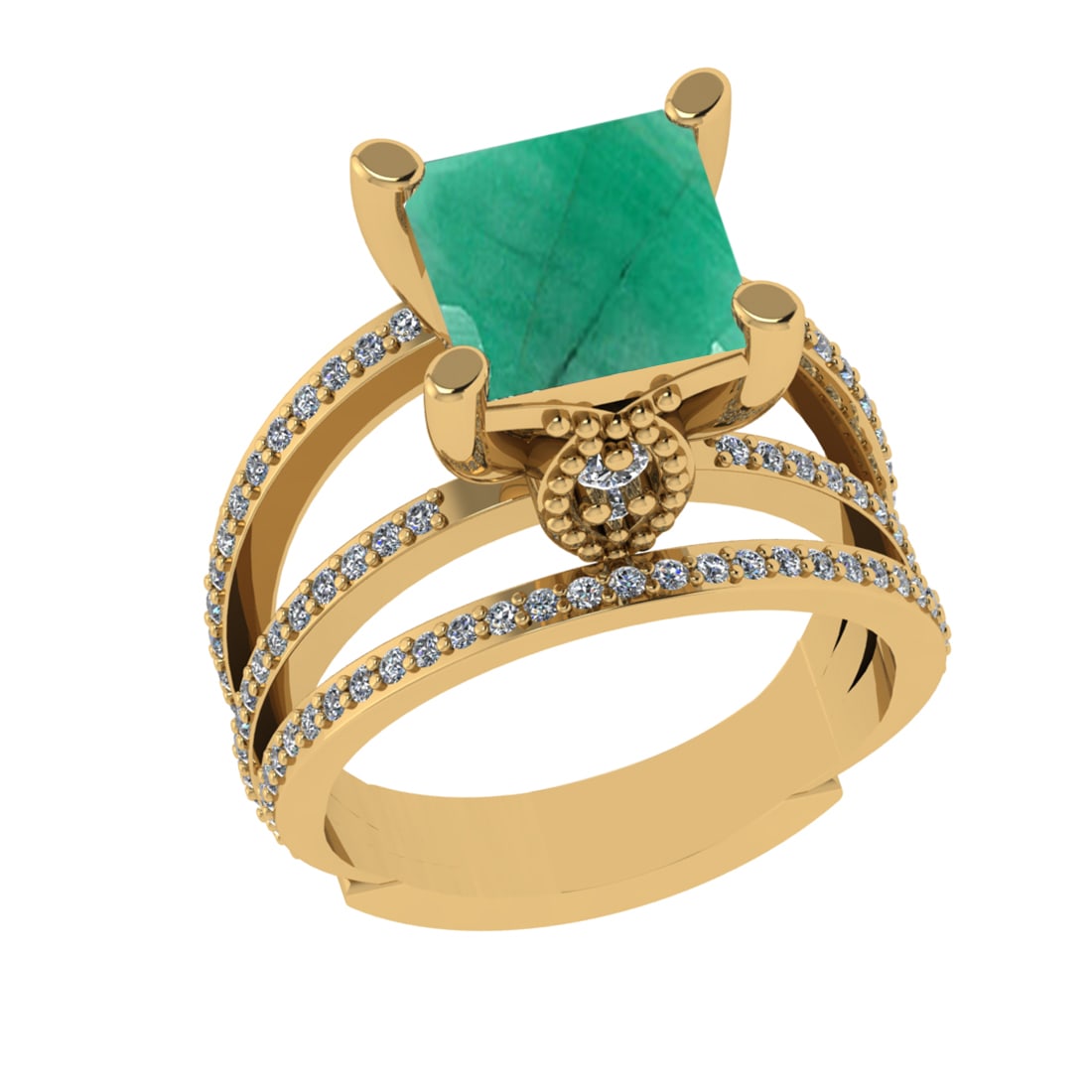 2.70 Ctw VS/SI1 Emerald And Diamond 14k Yellow Gold Engagement Ring (ALL DI: Center Stone Weight : 2.00 Ctw ( Cushion Cut ) Center Stone Color : Emerald Stone Setting : Prong Side Diamond Weight Of Ctw 0.70 Ctw Side Stone Color : G-H Stone Clarity : VS/SI1 Stone Setting : Pron