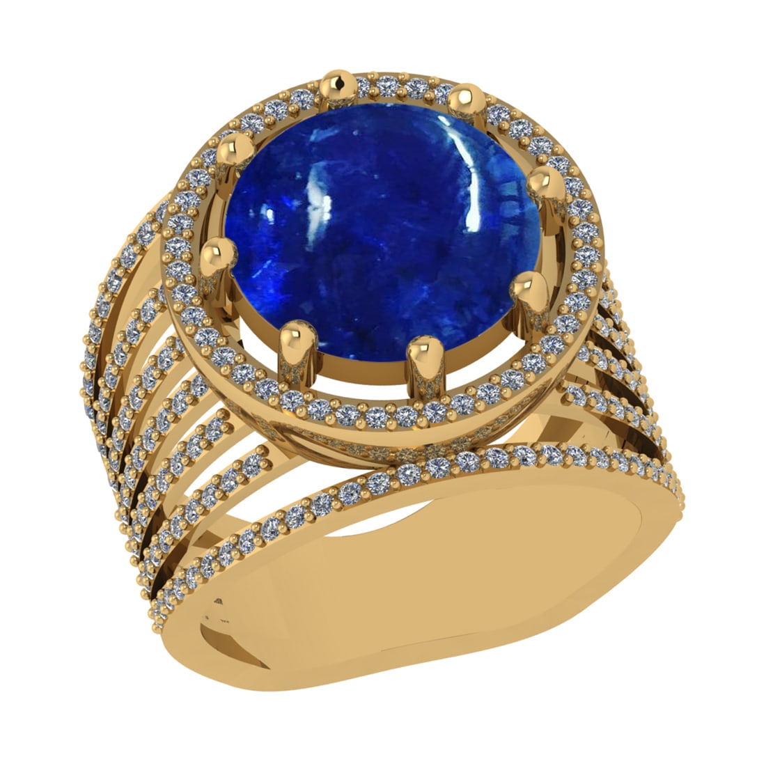 9.43 Ctw SI1/SI2 Tanzanite and Diamond 14k Yellow Gold Engagement Ring ( (A: Center Stone Weight :-8.50 Ctw ( Round Cab) Center Stone Color :-Tanzanite Center Stone Setting : Prong Side Diamond Weight Of Ctw 0.93 Ctw Color : J-K Clarity : SI1/SI2 Stone Setting : Prong Metal We
