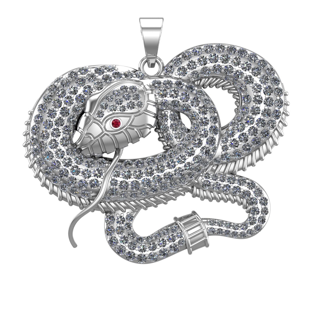 5.35 Ctw VS/SI1 Diamond 14k white Gold Snake theme Pendant (ALL DIAMOND ARE: Eye Stone Weight :- 0.01 ctw Eye Stone Color :- (Ruby) Total Daimond Weight :-5.34 Ctw Color : J-K Clarity : VS/SI1 Setting : Prong Metal Weight : Approx 34.56 gram 14k White Gold Snake theme Pendant 