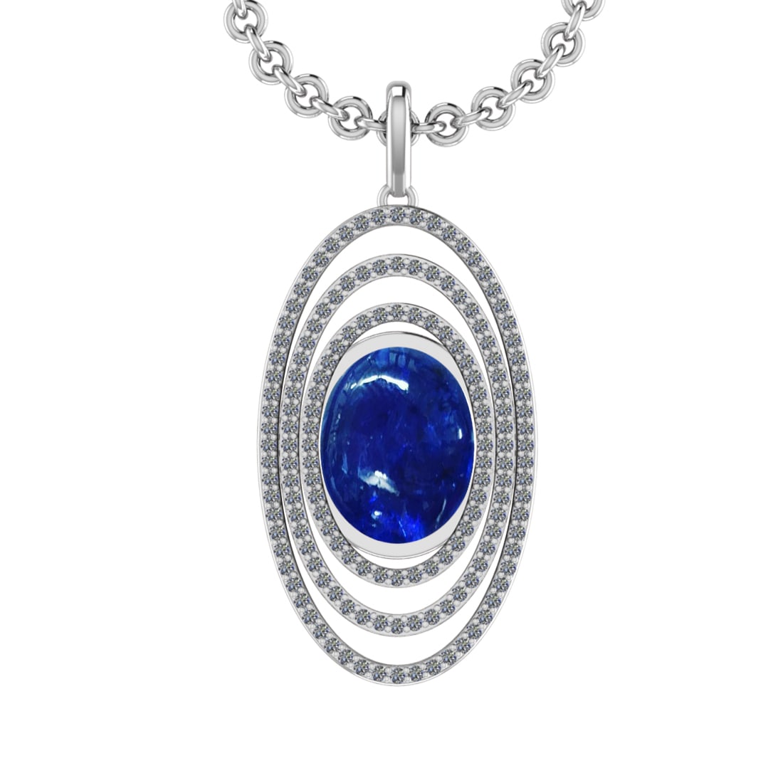 16.06 Ctw VS/SI1 Tanzanite and Diamond 14K White Gold Pendant: Center Stone Weight : 14.86 Ctw ( Oval Cab) Center Stone Color :-Tanzanite Setting : Prong Side Weight Of Ctw 1.20 Ctw Color : J-K Clarity :VS/SI1 Stone Setting : Prong Metal Weight : Approx 8.90 gram