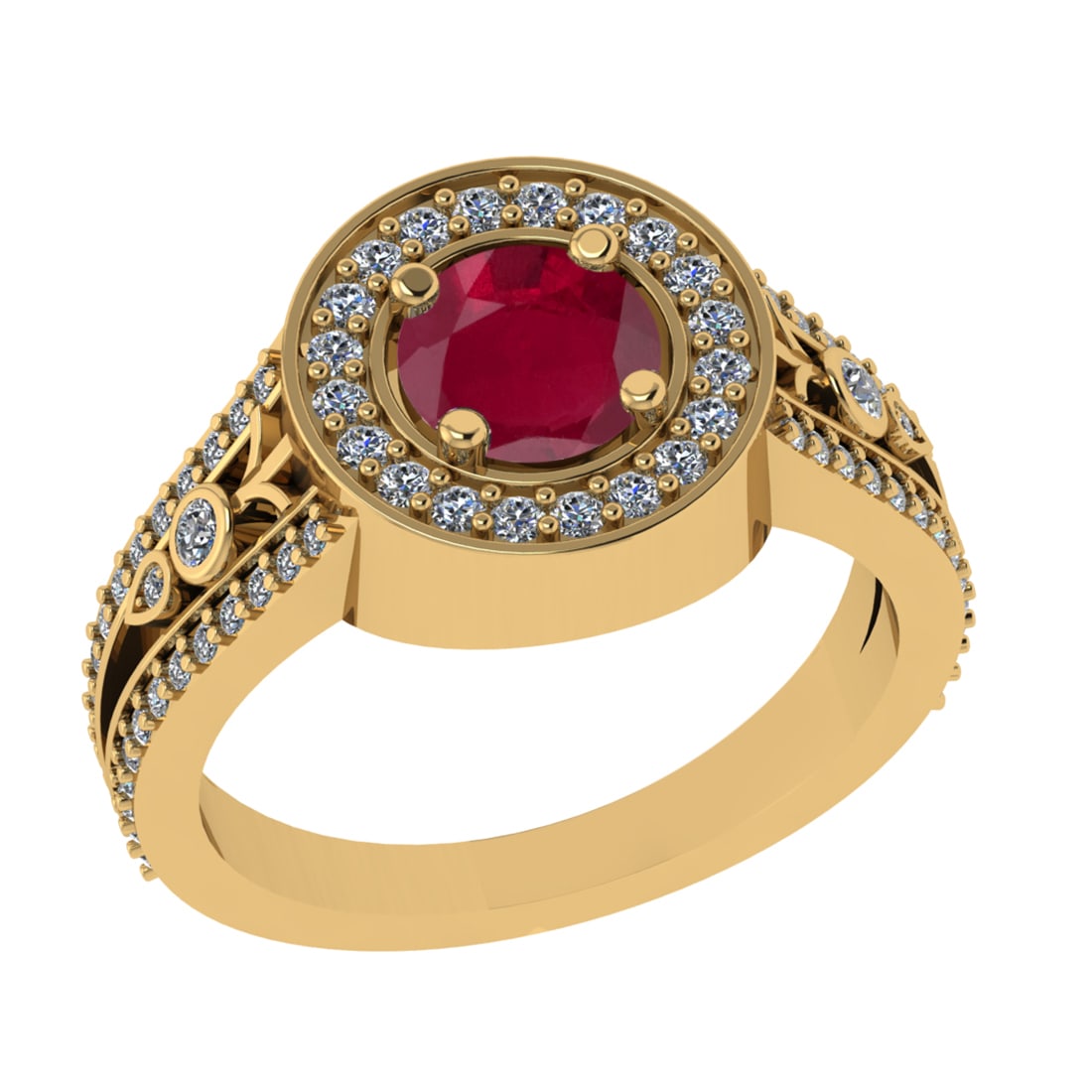 1.36 Ctw VS/SI1 Ruby and Diamond 14k Yellow Gold Engagement Ring: Center Stone Weight :-0.84 Ctw ( Round Cut) Center Stone Color :- Ruby Center Stone Setting : Prong Side Diamond Weight Of Ctw :- 0.52 Ctw Color : J-K Clarity : VS/SI1 Daimond Setting : Prong Metal We
