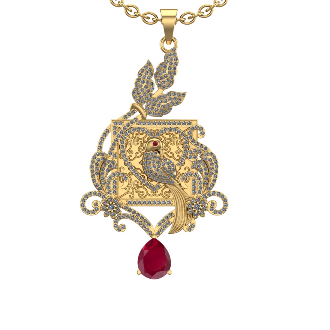 4.41 Ctw VS/SI1 Ruby and Diamond Prong Set 14K Yellow Gold Pendant (ALL DIA: Eye stone Weight :-0.01 ctw Eye stone Color :- Ruby Center Stone Weight : 2.50 Ctw (Pear Cut) Center Stone Color : Ruby Setting : Prong Side Weight Of Ctw 1.90 Ctw Color : J-K Clarity : VS/SI1 Stone S