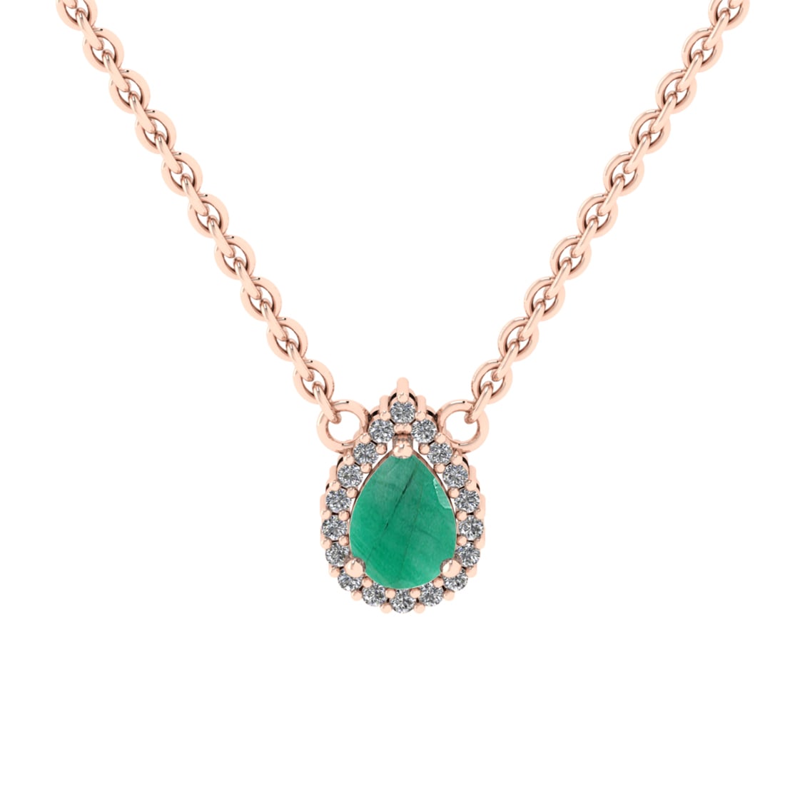 0.89 Ctw VS/SI1 Emerlad and Diamond Prong Set 14K Rose Gold Necklace (ALL D: Center stone Weight :-: 0.75 Ctw ( Pear Cut) Color :- Emerlad Center Stone Setting : Prong Side Diamond Weight Of Ctw 0.14 Ctw Color : J-K Clarity : VS/SI1 Stone Setting : Prong Metal Weight : Approx 