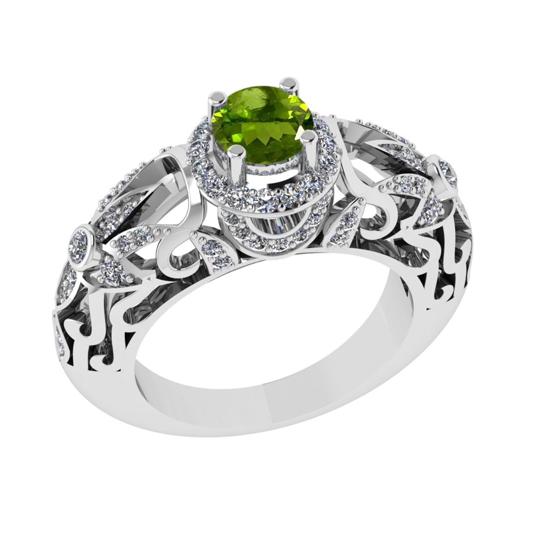 1.45 Ctw VS/SI1 Peridot and Diamond Set 10K white Gold Engagement Ring (ALL: Center Stone Weight :-0.84 Ctw ( Round Cut) Center Stone Color :-Peridot Center Stone Setting : Prong Side Diamond Weight Of Ctw 0.61 Ctw Color : J-K Clarity : VS/SI1 Daimond Setting : Prong Metal Wei