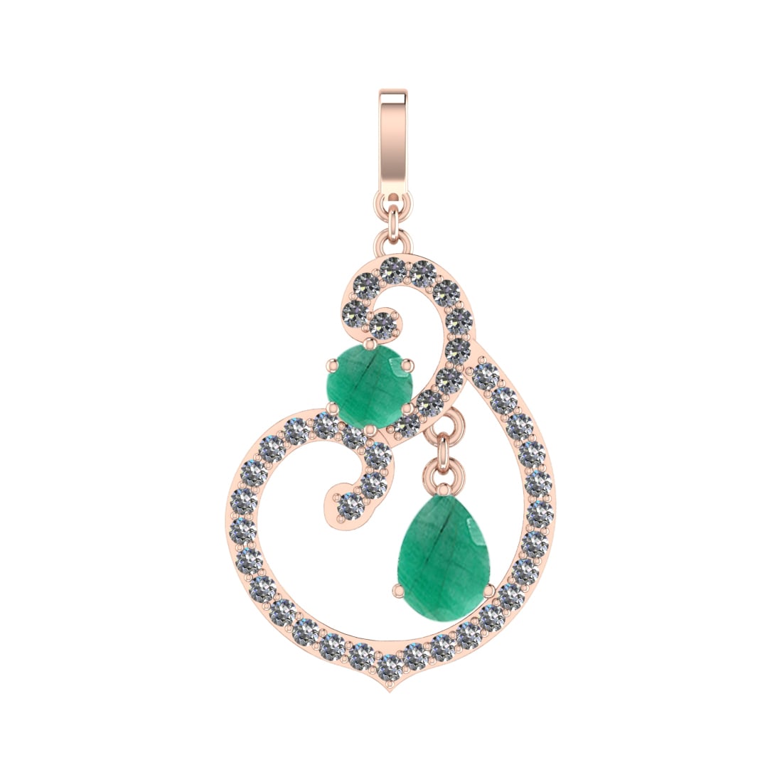 4.35 Ctw VS/SI1 Emeraldand Diamond Prong Set 14k Rose Gold Pendant (ALL DIA: Center Stone Weight :-2.84 Ctw ( Pear & Round Cut ) Center Stone Color :-Emerald Center Stone Setting : Prong Side Diamond Weight Of Ctw :- 1.51 Ctw Color : J-K Clarity : VS/SI1 Daimond Setting : Pron