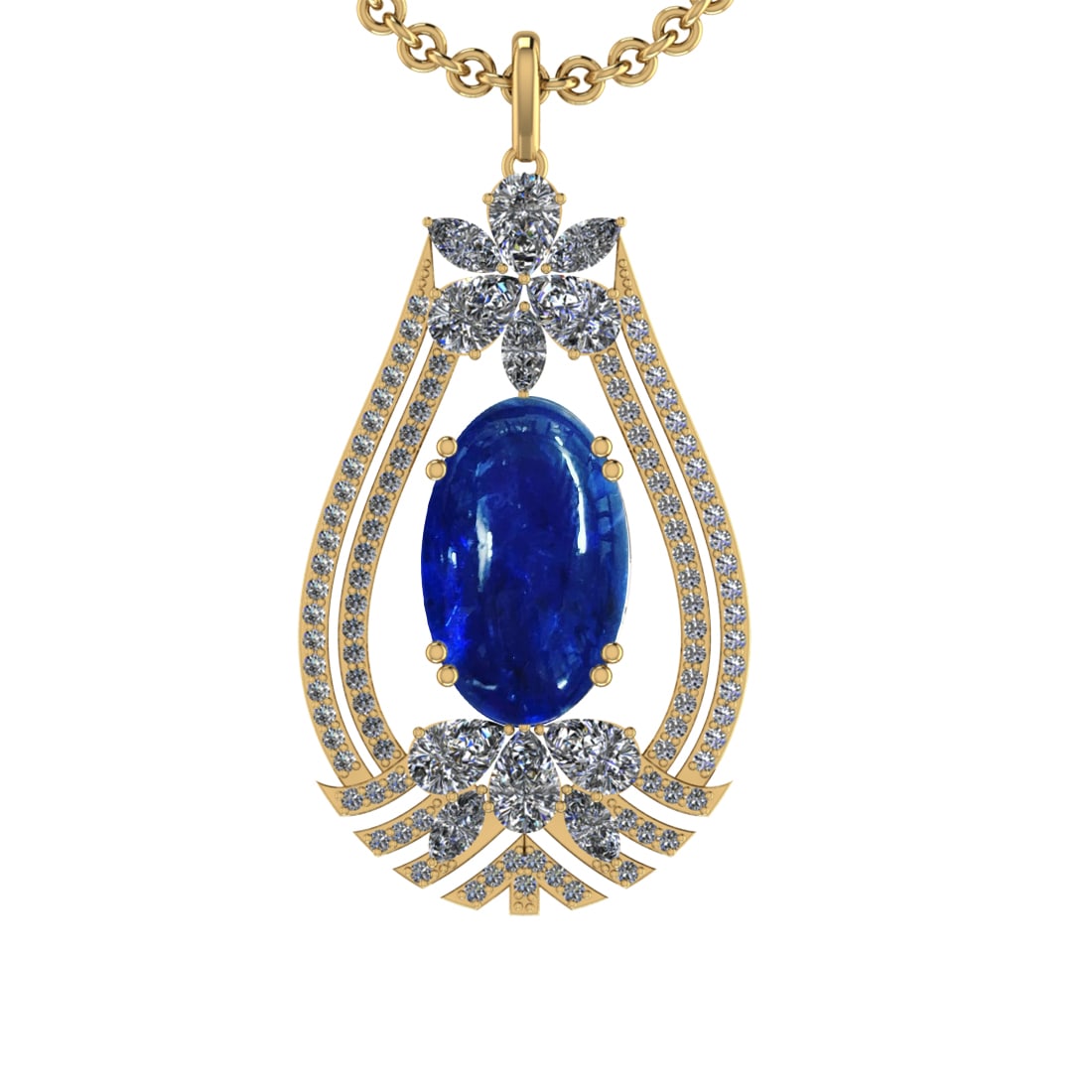 28.49 Ctw VS/SI1 Tanzanite and Diamond 14K Yellow Gold Pendant: Center Stone Weight : 21.41 Ctw ( Oval Cab) Center Stone Color :-Tanzanite Setting : Prong Side Weight Of Ctw 7.08 Ctw Color : J-K Clarity :VS/SI1 Stone Setting : Prong Metal Weight : Approx 13.50 gra