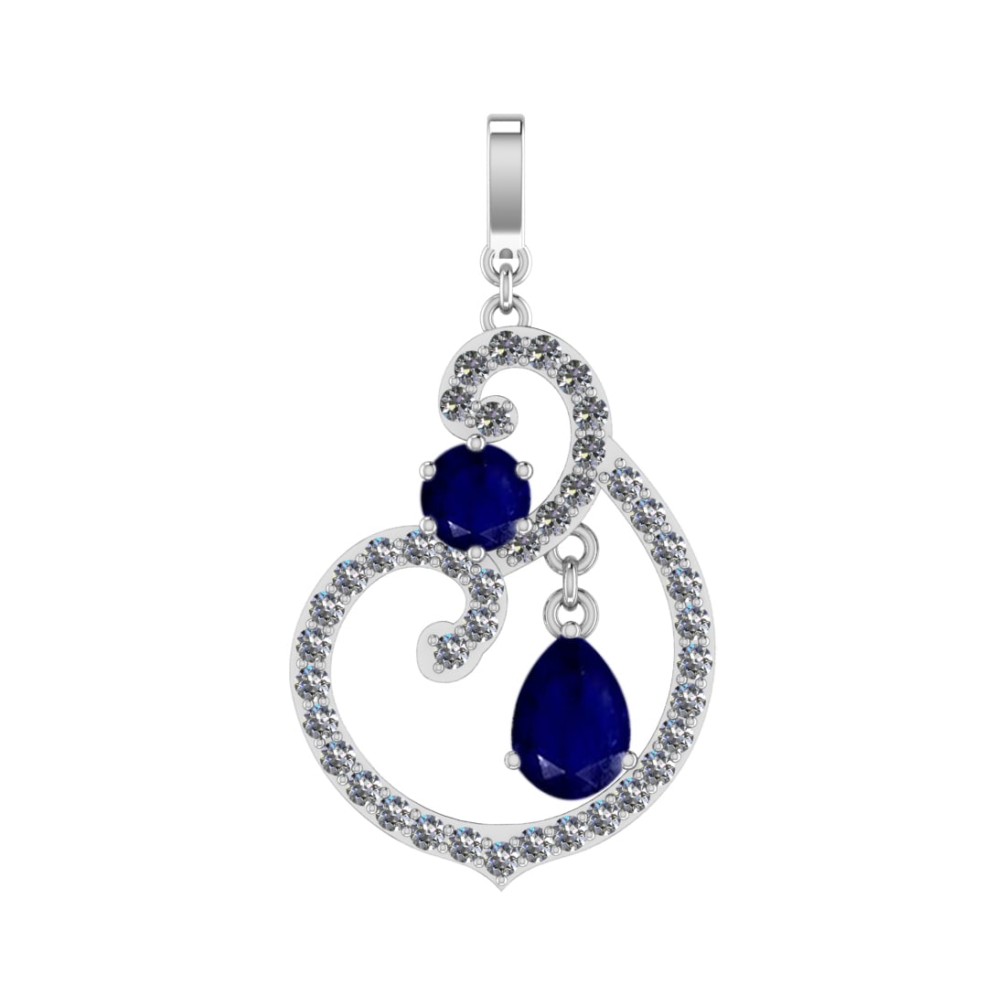 4.35 Ctw VS/SI1 Blue Sapphire and Diamond Prong Set 14k white Gold Pendant: Center Stone Weight :-2.84 Ctw ( Pear & Round Cut ) Center Stone Color :-Blue Sapphire Center Stone Setting : Prong Side Diamond Weight Of Ctw :- 1.51 Ctw Color : J-K Clarity : VS/SI1 Daimond Setting 
