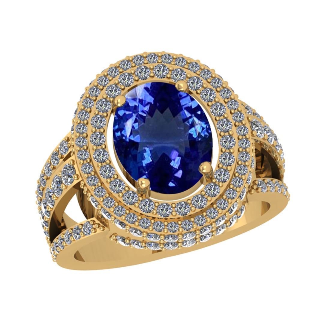 6.33 Ctw VS/SI1 Tanzanite And Diamond 18k Yellow Gold Engagement Halo Ring: Center Stone Weight : 4.88 Ctw ( Oval Cut ) Center Stone Color : Tanzanite Stone Setting : Prong Side Diamond Weight Of Ctw 1.45 Ctw Side Stone Color : J-K Stone Clarity : VS/SI1 Stone Setting : Prong