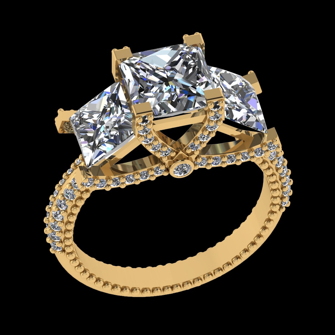 4.58 Ctw SI1/SI2 Diamond 10k Yellow Gold Engagement Ring (ALL DIAMOND ARE L: Center Daimond Weight :-4.00 Ctw ( 3 pc Princess Cut) Color : J-K Clarity : SI1/SI2 Side Diamond Weight Of Ctw 0.58 Ctw Color : J-K Clarity : SI1/SI2 Daimond Setting : Prong Metal Weight : Approx 4.68
