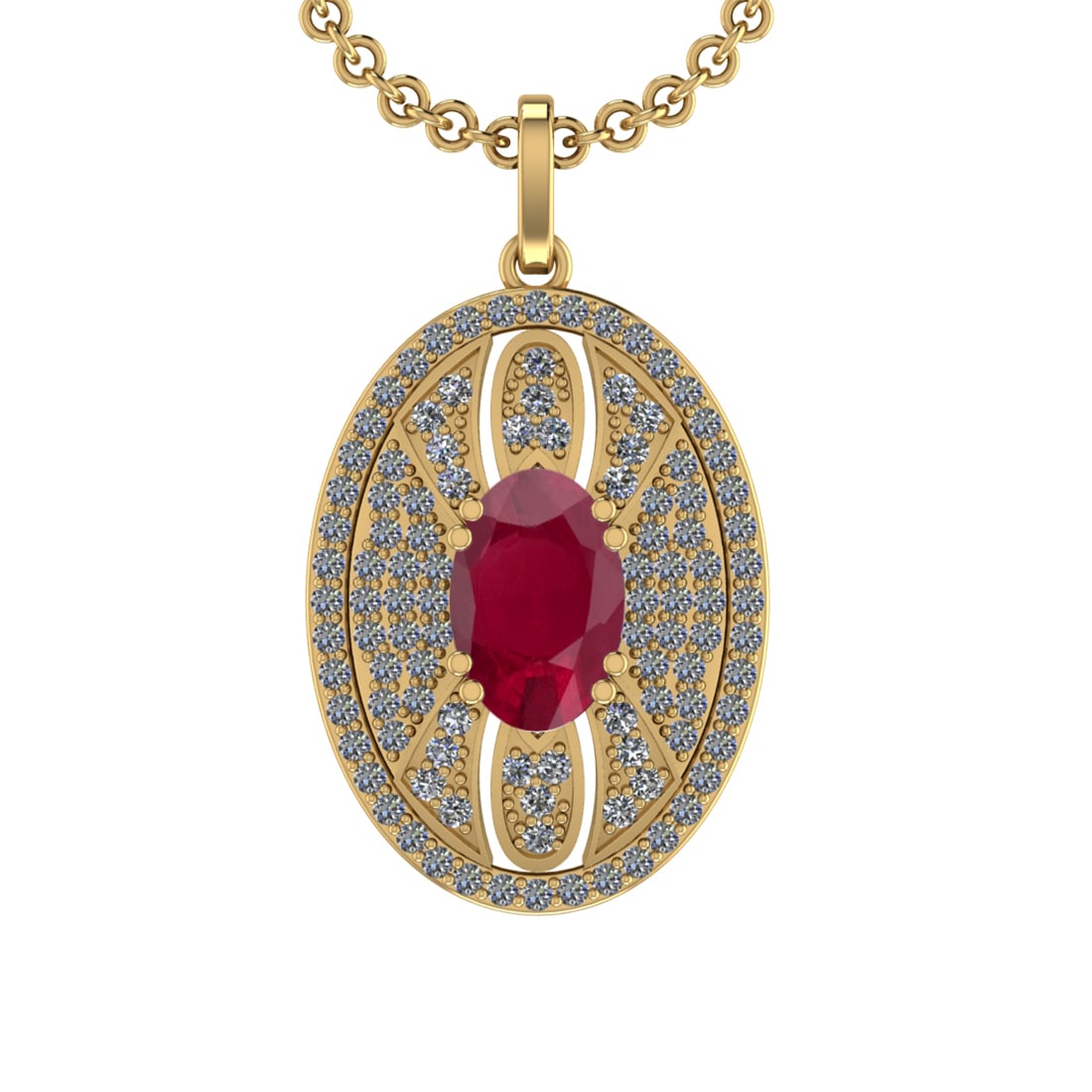 5.15 Ctw VS/SI1 Ruby and Diamond 14K Yellow Gold Pendant (ALL DIAMOND ARE L: Center Stone Weight :-3.50 Ctw ( Oval Cut) Color :- Ruby Setting : Prong Side Diamond Weight Of Ctw 1.65 Ctw Color : J-K Clarity : VS/SI1 Stone Setting : Prong Metal Weight : Approx 10.50 gram 14K Yel