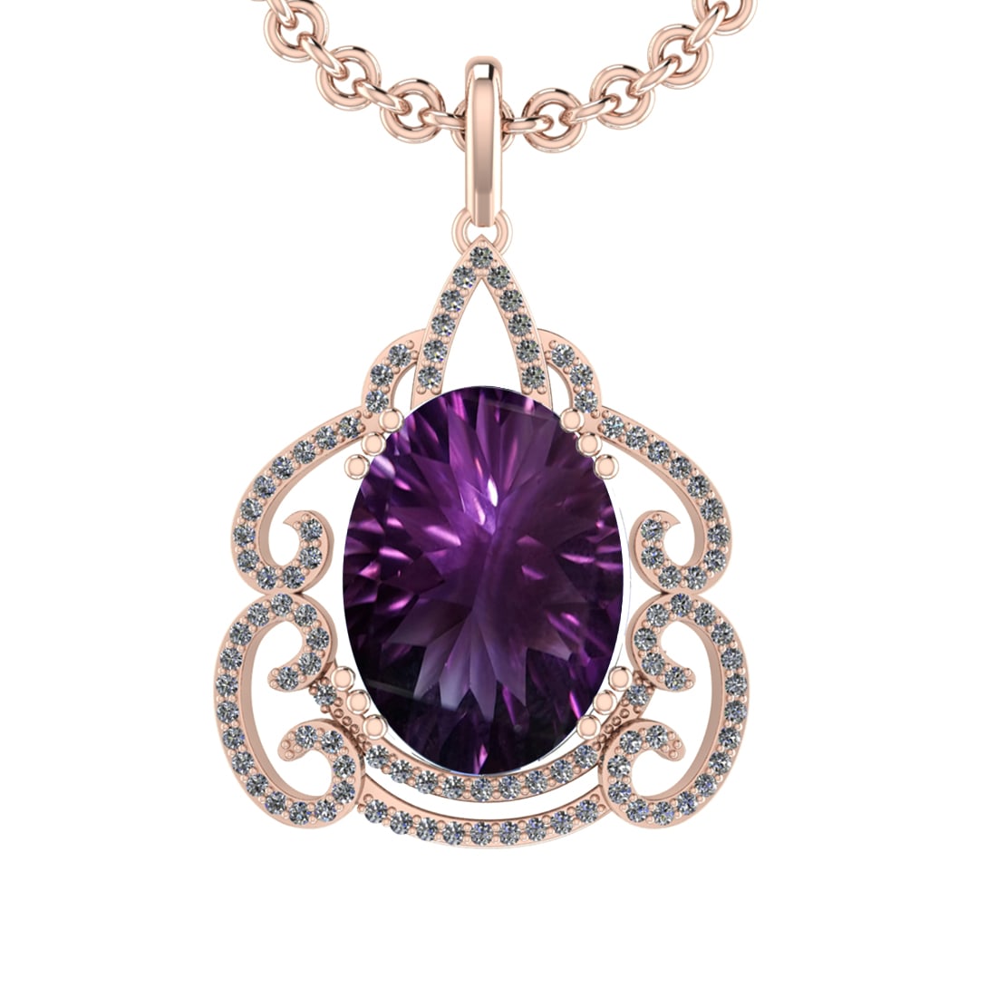 21.77 Ctw VS/SI1 Amethyst and Diamond 14K Rose Gold Pendant: Center Stone Weight : 20.97 Ctw ( Oval Cut) Center Stone Color :-Amethyst Setting : Prong Side Weight Of Ctw 0.80 Ctw Color : J-K Clarity : VS/SI1 Stone Setting : Prong Metal Weight : Approx 6.80 gram