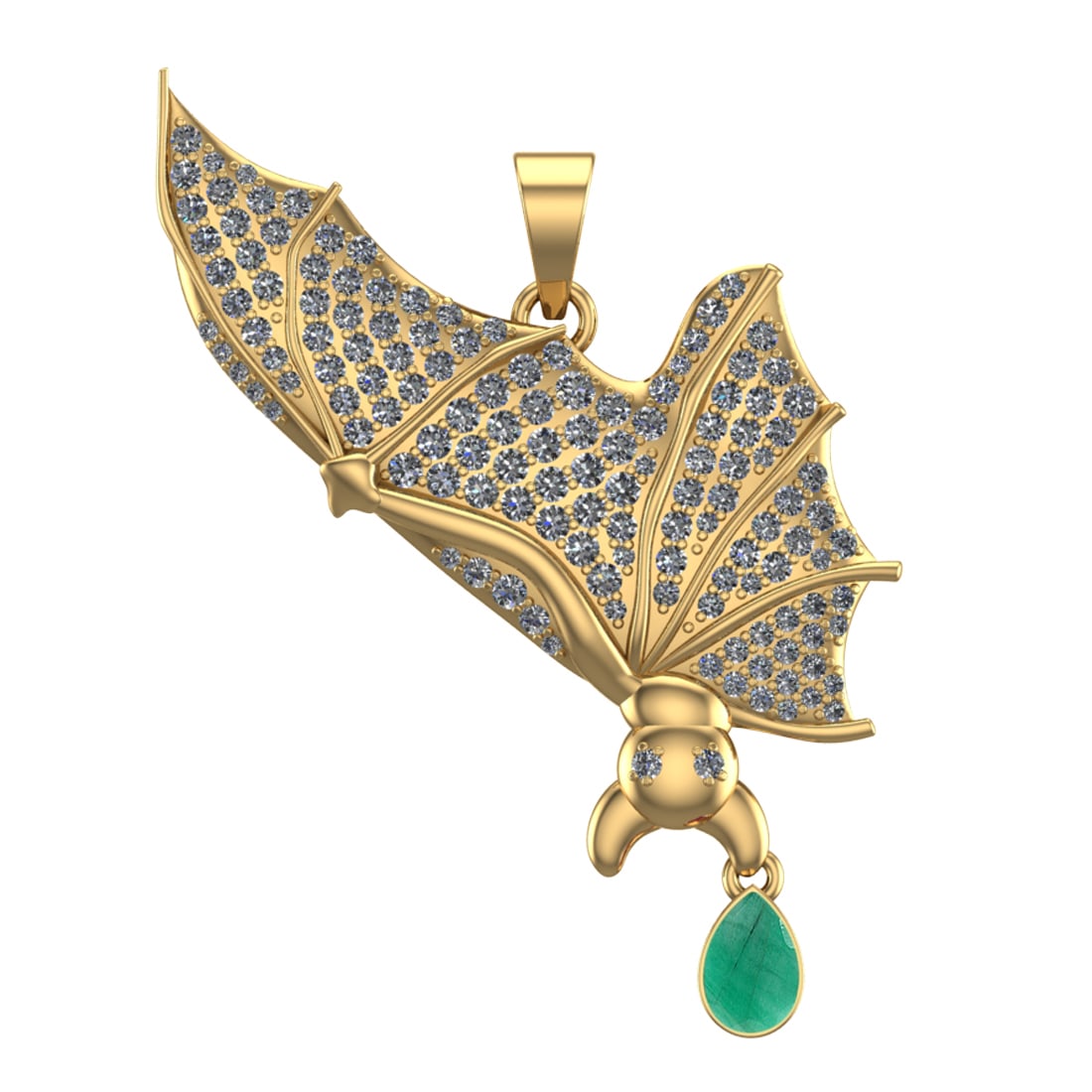 2.05 Ctw VS/SI1 Emeraldand Diamond Prong Set 14k Yellow Gold Bat Theme Pend: Center Stone Weight :-0.50 Ctw ( Pear Cut ) Center Stone Color :-Emerald Center Stone Setting : Prong Side Diamond Weight Of Ctw :- 1.55 Ctw Color : J-K Clarity : VS/SI1 Daimond Setting : Prong Metal 