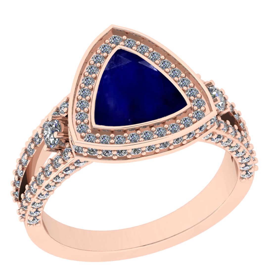 2.99 Ctw VS/SI1 Blue Sapphire And Diamond 14K Rose Gold Cocktail Ring: Center Stone Weight : 2.00 Ctw (Trillion Cut) Center Stone Color : Blue Sapphire Stone Setting : Prong Side Stone Weight Of Ctw 0.99 Ctw Side Stone Color : J-K Stone Clarity : VS/SI1 Stone Setting : P