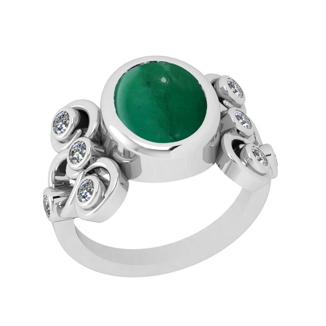 3.93 Ctw VS/SI1 Emerald and Diamond Bezel Set 14k White Gold Engagement Rin: Center Stone Weight :-3.47 Ctw ( Oval Cab ) Center Stone Color :-Emerald Center Stone Setting : Bezel Side Diamond Weight Of Ctw :- 0.46 Ctw Color : J-K Clarity : VS/SI1 Daimond Setting : Bezel Metal 