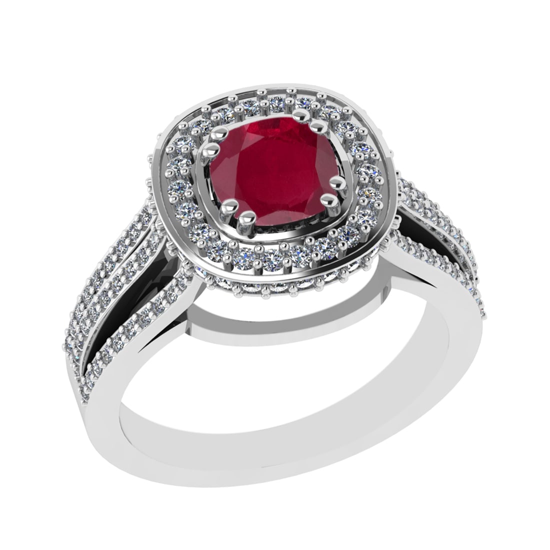 1.81 Ctw VS/SI1 Ruby and Diamond 14k White Gold Engagement Halo Ring (LAB G: Center Stone Weight :- 1.00 Ctw ( Cushion Cut) Color :- Ruby Center Stone Setting : Prong Side Diamond Weight Of Ctw 0.81 Ctw Color : G-H Clarity : VS/SI1 Stone Setting : Prong Metal Weight : Approx 4