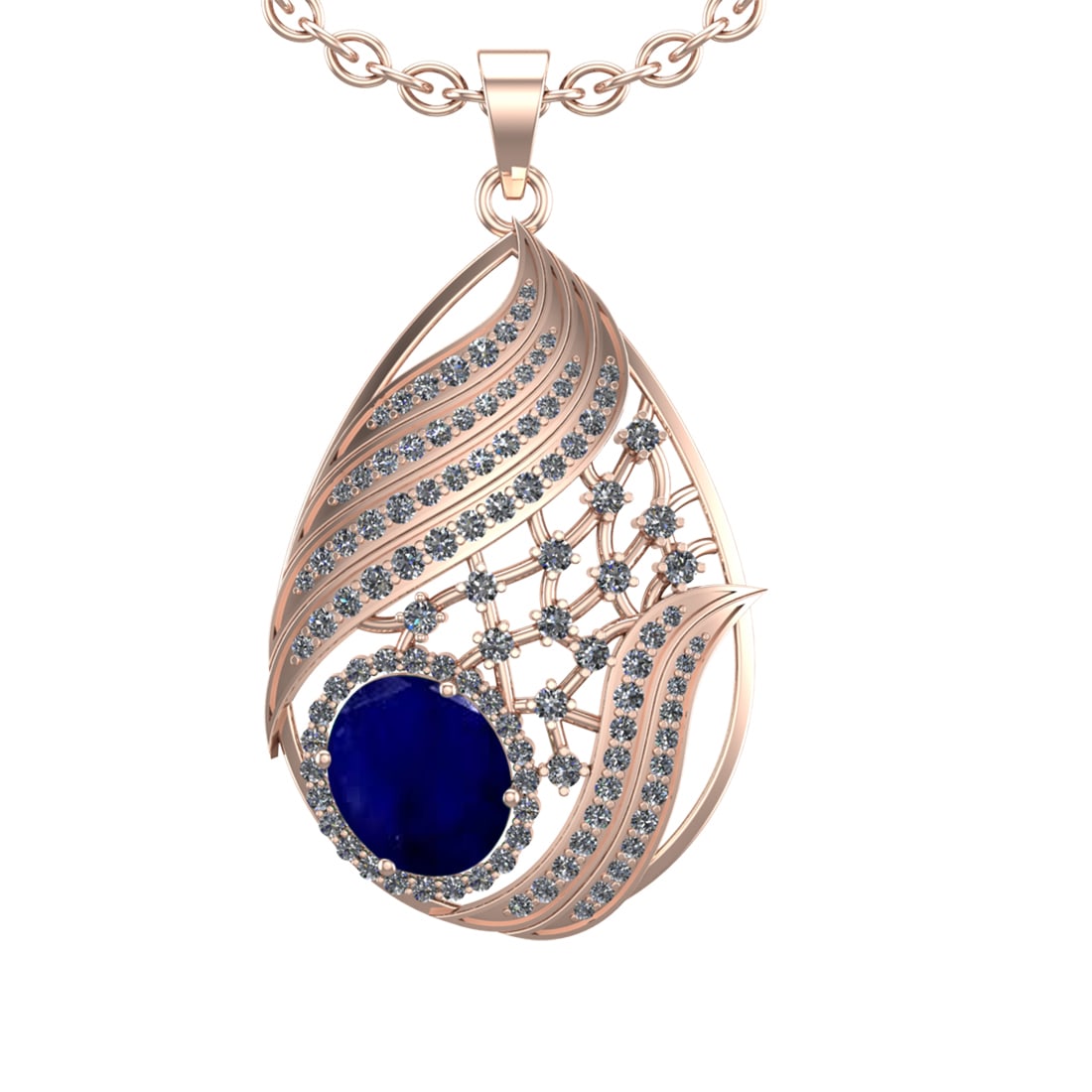 6.68 Ctw VS/SI1 Blue Sapphire and Diamond 14k Rose Gold Pendant (ALL DIAMON: Center Stone Weight :-4.80 Ctw ( Oval cut) Center Stone Color :-Blue Sapphire Setting : Prong Side Diamond Weight Of Ctw 1.88 Ctw Color : J-K Clarity : VS/SI1 Stone Setting : Prong Metal Weight : Appr