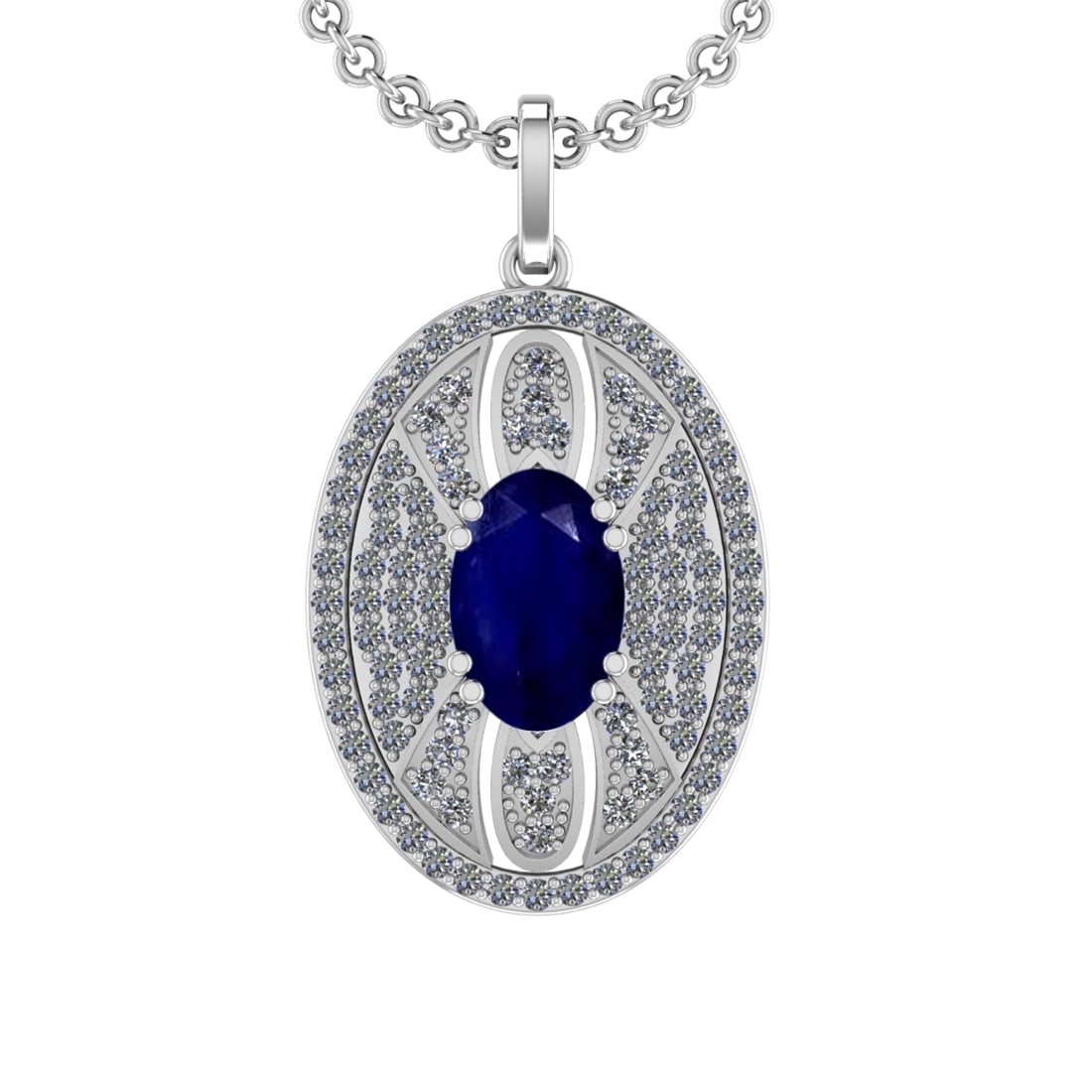 5.15 Ctw VS/SI1 Blue Sapphire and Diamond 14K White Gold Pendant (ALL DIAMO: Center Stone Weight :-3.50 Ctw ( Oval Cut) Color :- Blue Sapphire Setting : Prong Side Diamond Weight Of Ctw 1.65 Ctw Color : J-K Clarity : VS/SI1 Stone Setting : Prong Metal Weight : Approx 10.50 gra