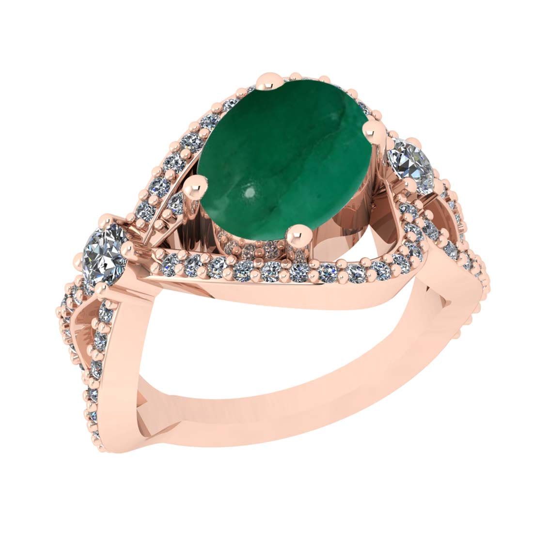 3.55 Ctw VS/SI1 Emerald and Diamond Prong Set 14k Rose Gold Engagement Ring: Center Stone Weight :-2.62 Ctw ( Oval Cab ) Center Stone Color :-Emerald Center Stone Setting : Prong Side Diamond Weight Of Ctw :- 0.93 Ctw Color : J-K Clarity : VS/SI1 Daimond Setting : Prong Metal 
