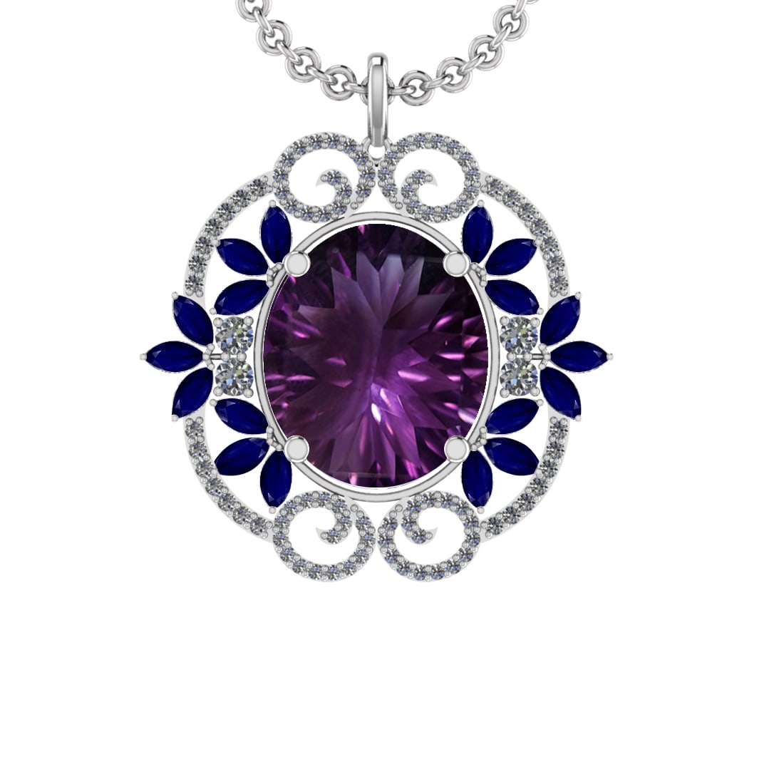 40.84 Ctw VS/SI1 Amethyst,Blue Sapphire and Diamond 14K White Gold Pendant: Center Stone Weight : 38.36 Ctw ( Oval & Marquise Cut) Center Stone Color :-Amethyst,Blue Sapphire Setting : Prong Side Weight Of Ctw 2.48 Ctw Color : J-K Clarity : VS/SI1 Stone Setting : Prong Metal 