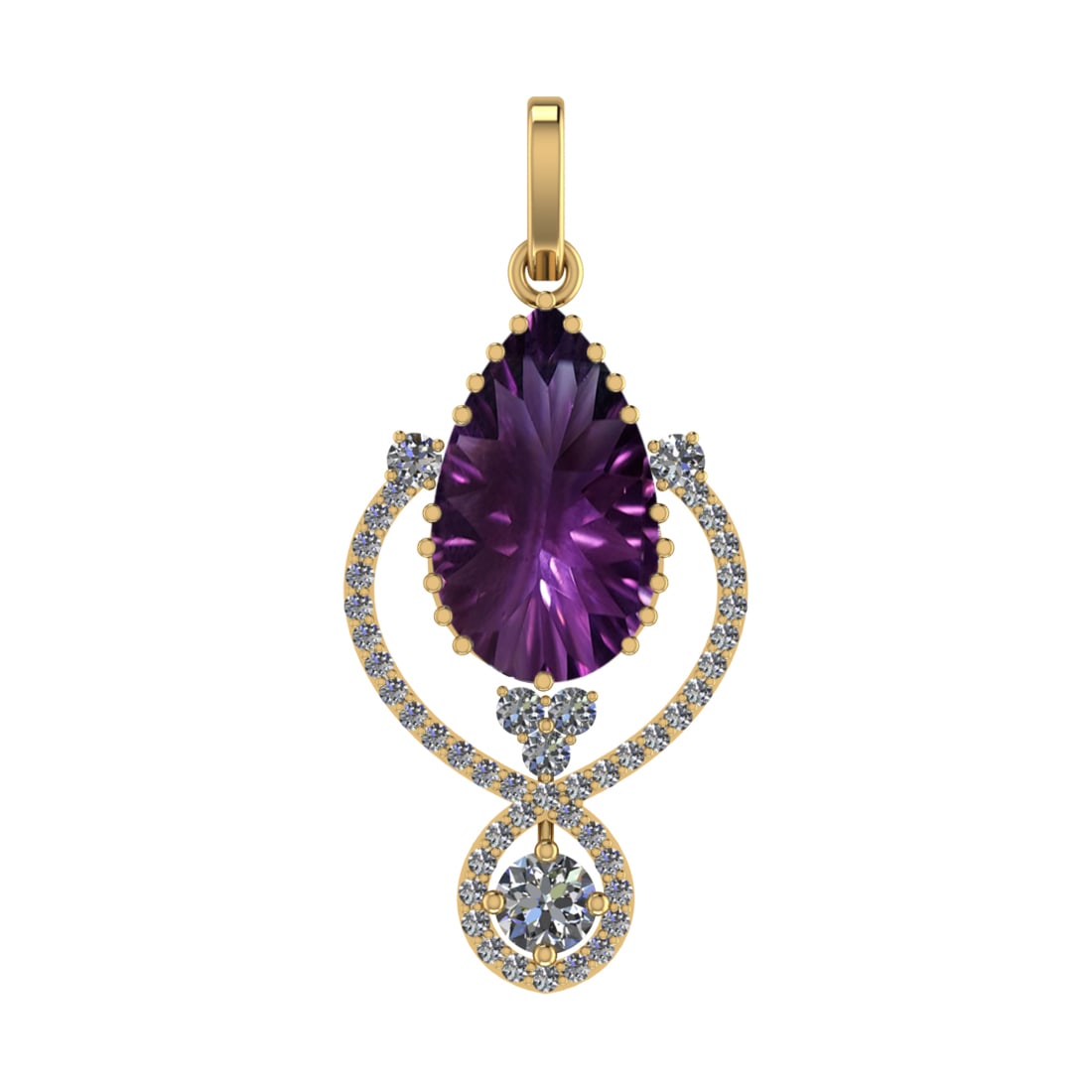 75.18 Ctw SI2/SI1 Amethyst and Diamond Prong Set 14k Yellow Gold Pendant (A: Center Stone Weight :-65.66 Ctw ( Pear Cut) Center Stone Color :-Amethyst Center Stone Setting : Prong Side Diamond Weight Of Ctw 9.52 Ctw Color : F-G Clarity : SI2/SI1 Stone Setting : Prong Metal Wei