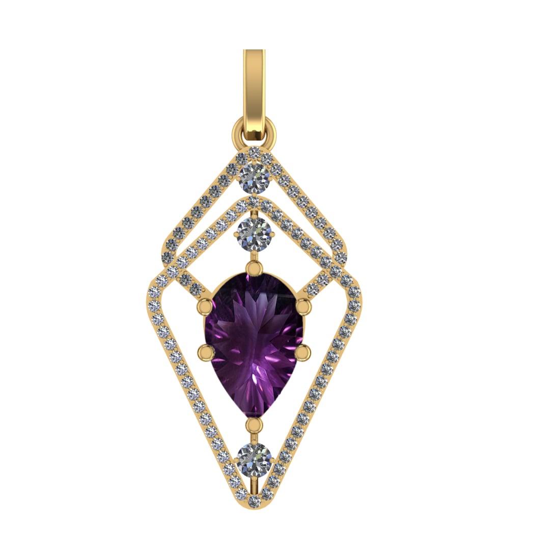 59.06 Ctw SI2/SI1 Amethyst and Diamond Prong Set 14k Yellow Gold Pendant (A: Center Stone Weight :-51.47 Ctw ( Pear Cut) Center Stone Color :-Amethyst Center Stone Setting : Prong Side Diamond Weight Of Ctw 7.59 Ctw Color : F-G Clarity : SI2/SI1 Stone Setting : Prong Metal Wei
