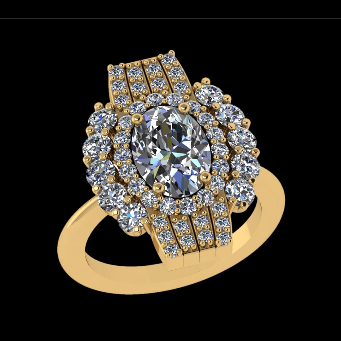 3.83 Ctw VS/SI1 Diamond Prong Set 18k Yellow Gold Engagement Ring (ALL DIAM: Center Daimond Weight :-2.50 Ctw ( Oval Cut ) Color : G-H Clarity : VS/SI1 Side Diamond Weight Of Ctw 1.33 Ctw Color : G-H Clarity : VS/SI1 Daimond Setting : Prong Metal Weight : Approx 8.21 gram 18k 
