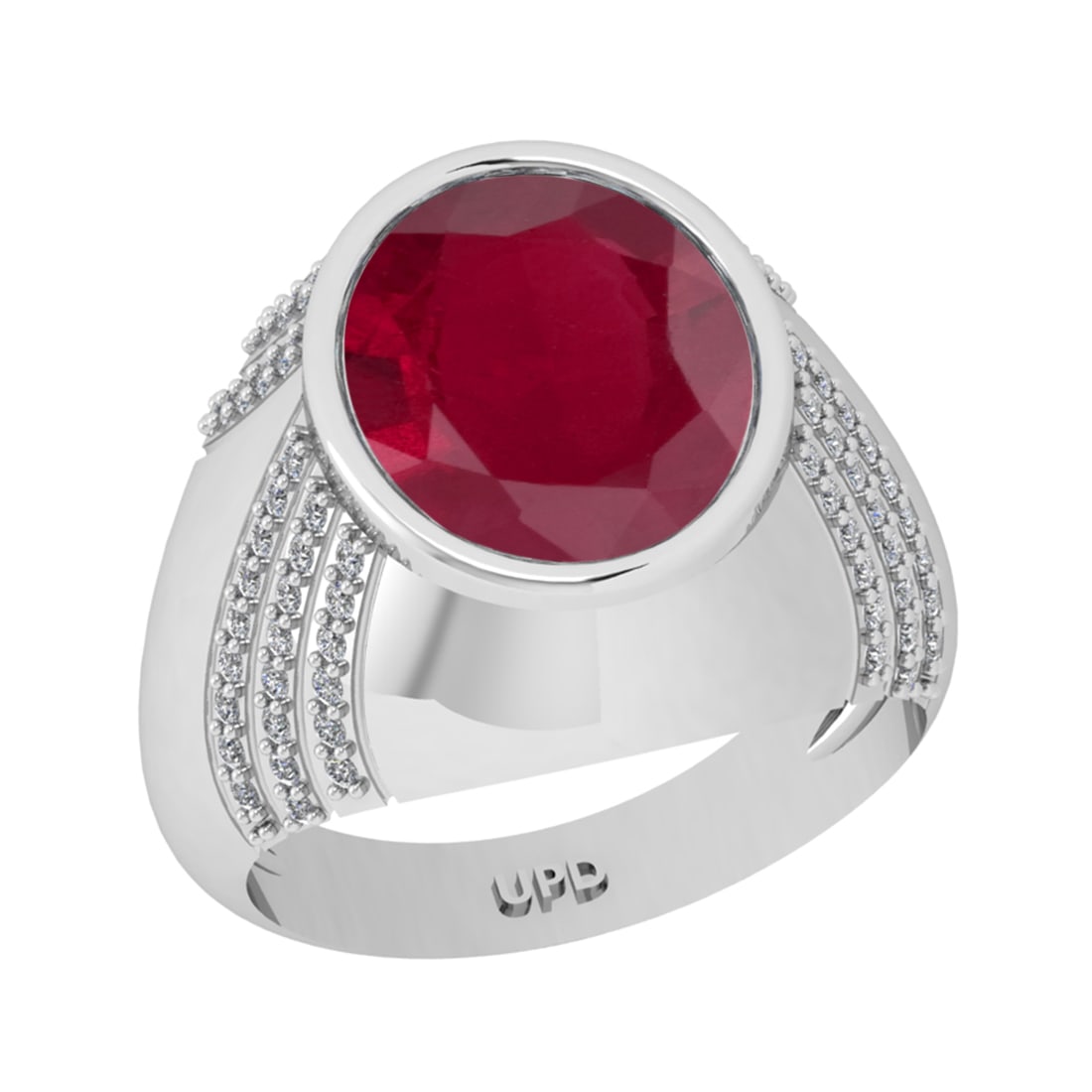 5.15 Ctw VS/SI1 Ruby And Diamond 14K White Gold Engagement Ring: Center Stone Weight : 4.80 Ctw ( Oval Cut ) Center Stone Color : Ruby Stone Setting : Prong Side Diamond Weight Of Ctw0.35 Ctw Side Stone Color : G-H Stone Clarity : VS/SI1 Stone Setting : Prong Metal