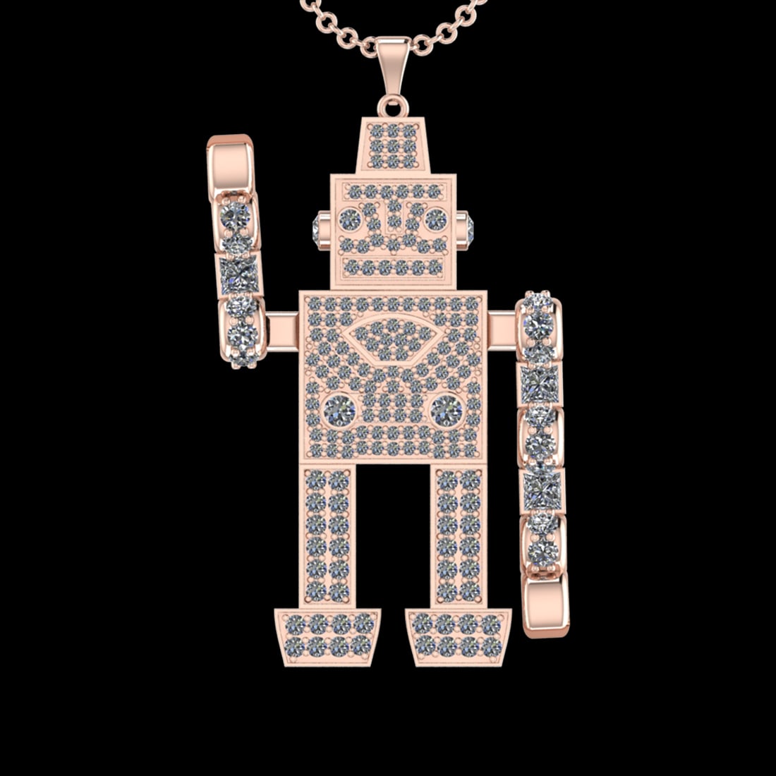 7.91 Ctw VS/SI1 Diamond 18K Rose Gold Robot themed Necklace(ALL DIAMOND ARE: Total Diamond Weight :-7.91 Ctw (Round & Princess cut) Color :- G-H Clarity : VS/SI1 Setting : Prong Metal Weight : Approx 17.90gram 18K Rose Gold Robot themed Necklace(ALL DIAMOND ARE LAB GROWN ) #3S
