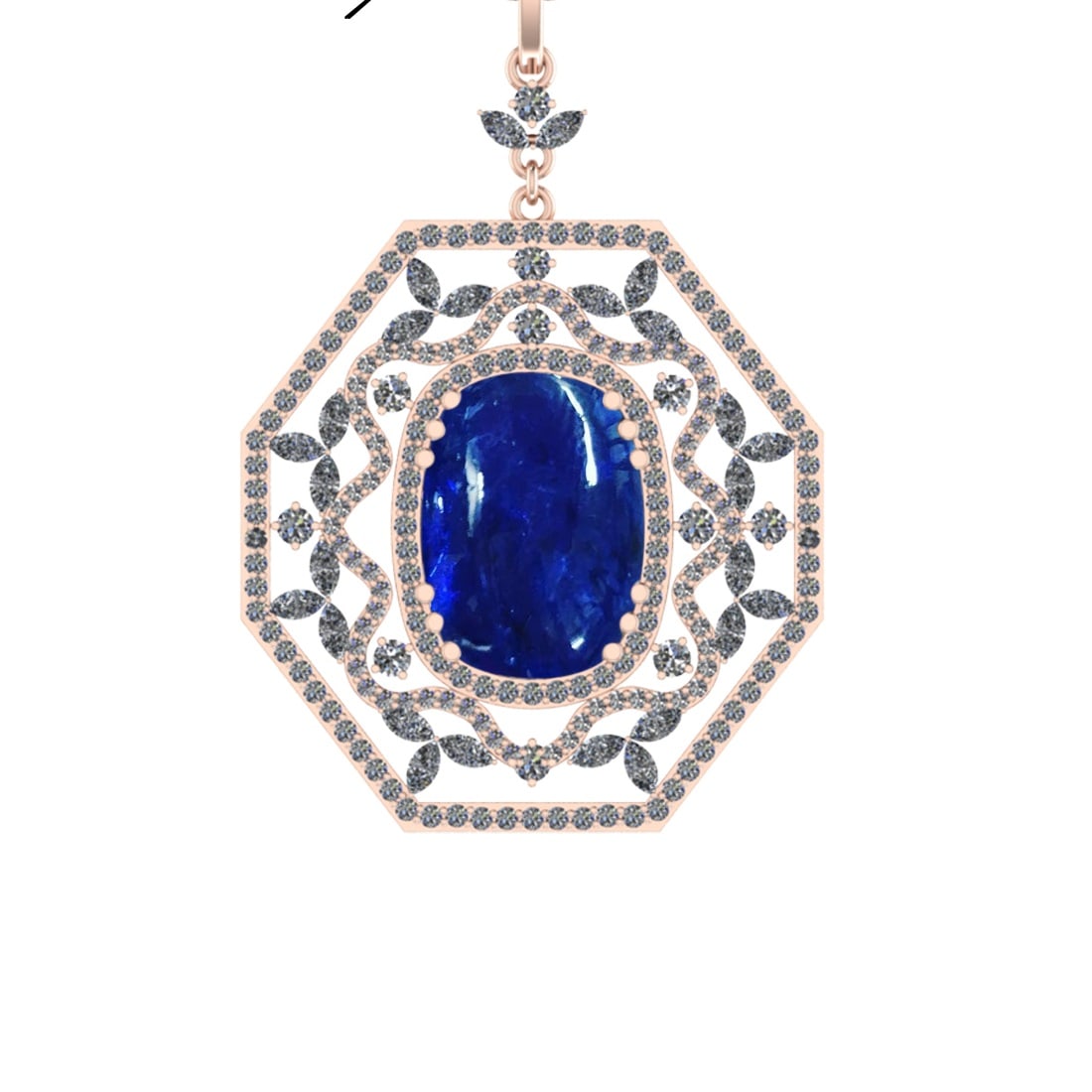 35.11 Ctw SI1/SI2 Tanzanite and Diamond 14k Rose Gold Pandant (ALL DIAMOND: Center Stone Weight :-29.22 Ctw ( Cushion Cab) Center Stone Color :-Tanzanite Center Stone Setting : Prong Side Diamond Weight Of Ctw 5.89 Ctw Color : J-K Clarity : SI1/SI2 Stone Setting : Prong Metal
