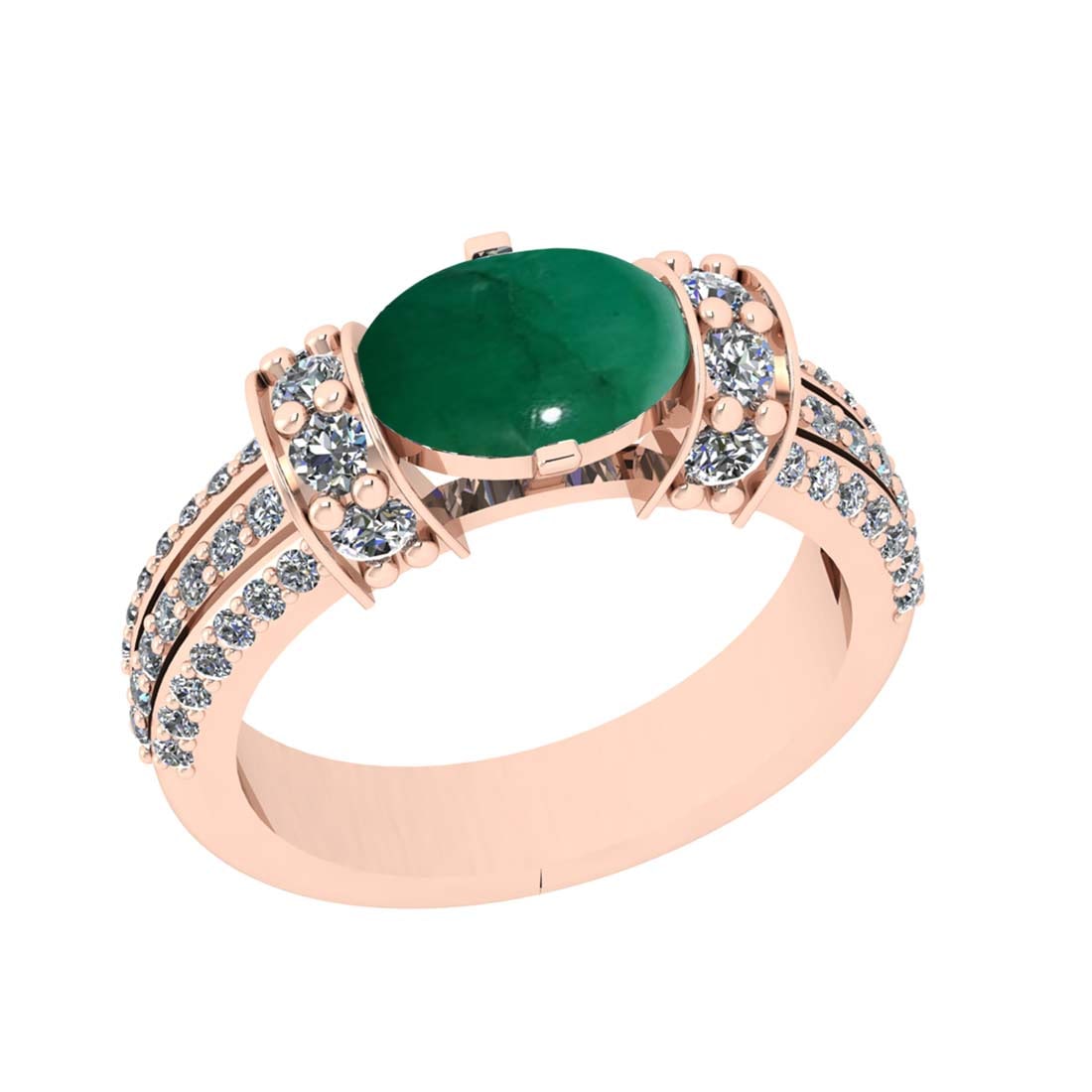 2.77 Ctw VS/SI1 Emerald and Diamond Prong Set 14k Rose Gold Engagement Ring: Center Stone Weight :-1.99 Ctw ( Oval Cab ) Center Stone Color :-Emerald Center Stone Setting : Prong Side Diamond Weight Of Ctw :- 0.78 Ctw Color : J-K Clarity : VS/SI1 Daimond Setting : Prong Metal 
