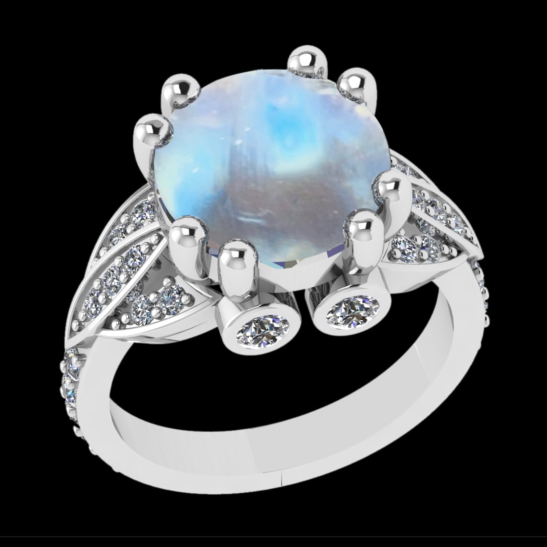 7.18 Ctw VS/SI1 Rainbow Moonstone And Diamond 14K White Gold Engagement Rin: Center Stone Weight : 6.46 Ctw ( Round Cab ) Center Stone Color : Rainbow Moonstone Stone Setting : Prong Side Diamond Weight Of Ctw 0.72 Ctw Side Stone Color : J-K Stone Clarity : VS/SI1 Stone Settin