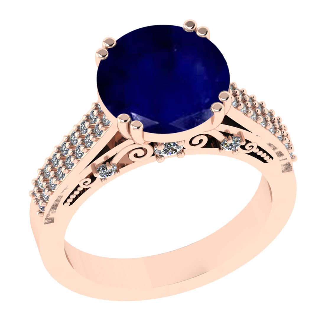 4.39 Ctw VS/SI1 Blue Sapphire and Diamond 14k Rose Gold Engagement Ring: Center Stone Weight :-3.87 Ctw ( Round Cut) Center Stone Color :-Blue Sapphire Center Stone Setting : Prong Side Diamond Weight Of Ctw :- 0.52 Ctw Color : J-K Clarity : VS/SI1 Daimond Setting : Prong 