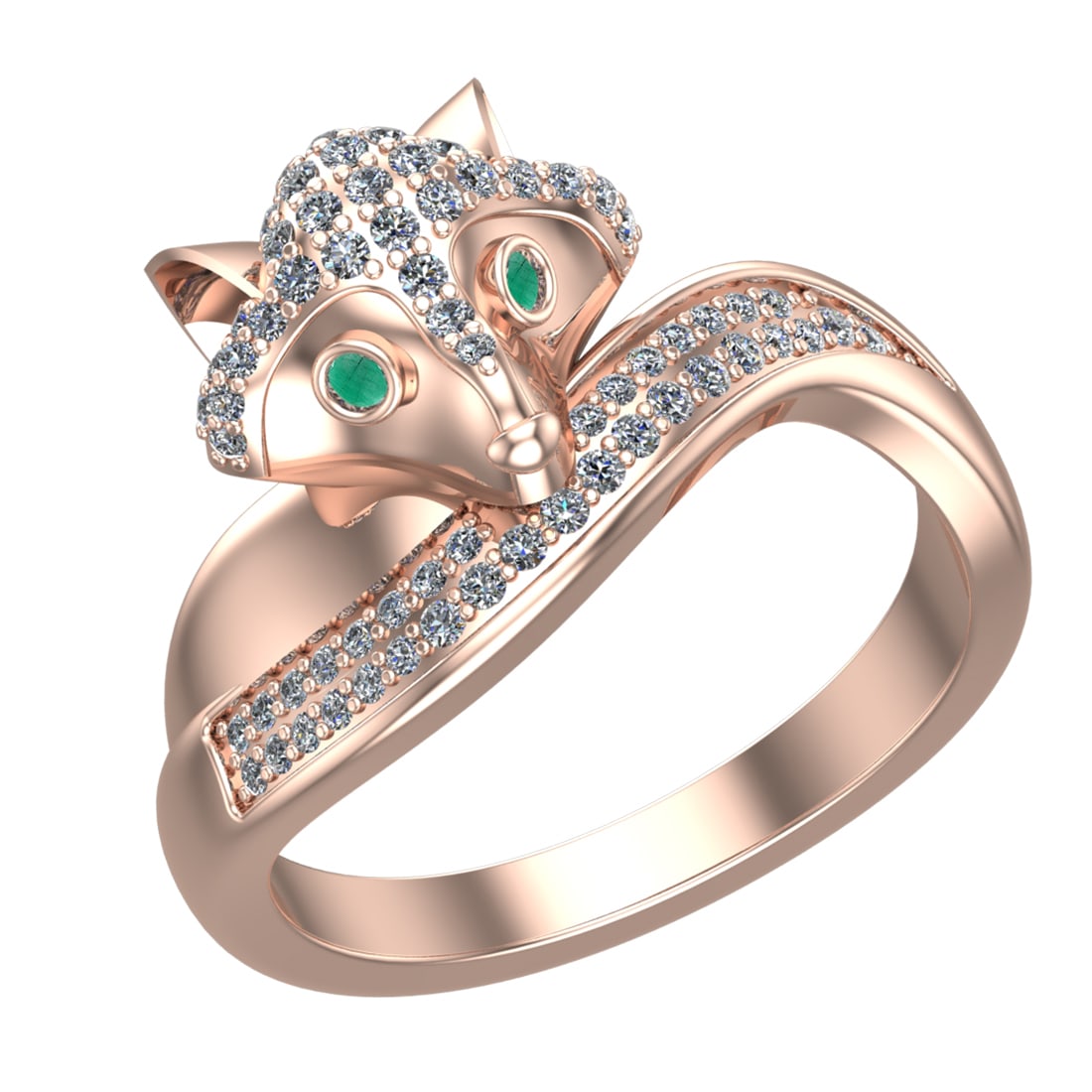 0.52 Ctw VS/SI1 Emerald and Diamond 14k Rose Gold Animal theme Fox Ring (AL: Center Stone Weight :-0.03 Ctw ( Round Cut) Center Stone Color :-Emerald Center Stone Setting : Prong Side Diamond Weight Of Ctw :- 0.49 Ctw Color : J-K Clarity : VS/SI1 Daimond Setting : Prong Metal 
