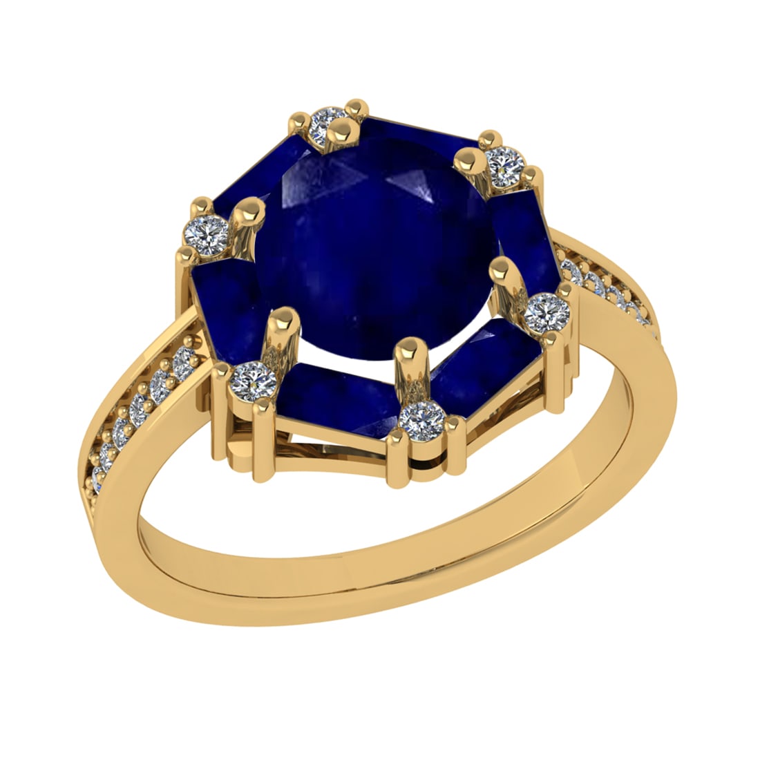 2.77 Ctw VS/SI1 Blue Sapphire and Diamond 14k Yellow Gold Engagement Ring (: Center Stone Weight :-2.60 Ctw ( Round & Bug Cut) Center Stone Color :-Blue Sapphire Center Stone Setting : Prong Side Diamond Weight Of Ctw :- 0.17 Ctw Color : J-K Clarity : VS/SI1 Daimond Setting : 