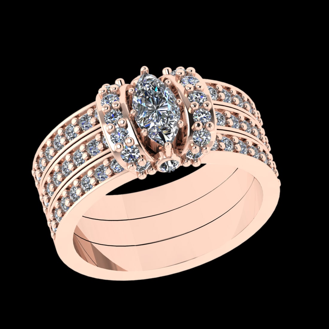 1.39 Ctw VS/SI1 Diamond Prong Set 18k Rose Gold Engagement Ring (ALL DIAMON: Center Daimond Weight :-0.50 Ctw ( Marquise Cut ) Color : G-H Clarity : VS/SI1 Side Diamond Weight Of Ctw 0.89 Ctw Color : G-H Clarity : VS/SI1 Daimond Setting : Prong Metal Weight : Approx 8.90 gram 