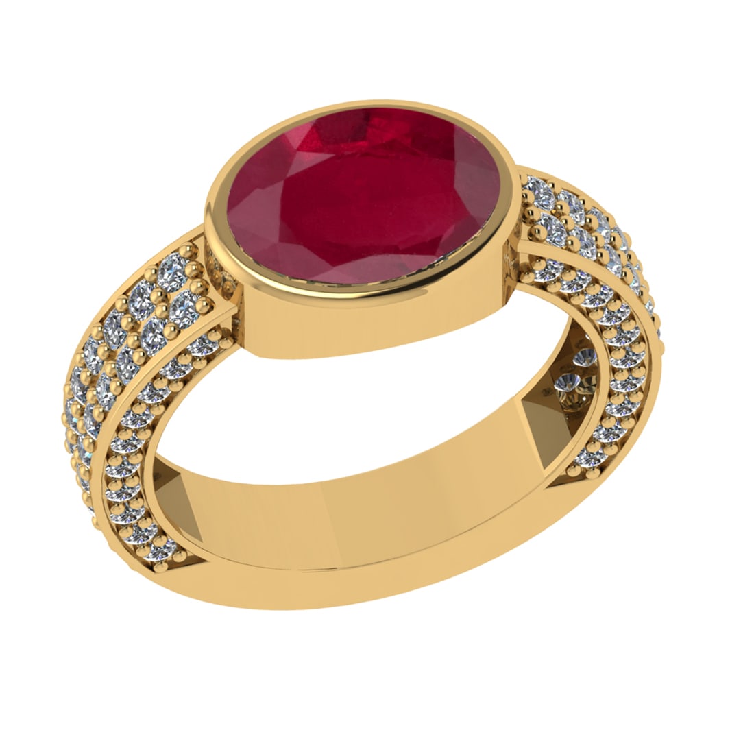 2.96 Ctw VS/SI1 Ruby and Diamond 14k Yellow Gold Engagement Ring (ALL DIAMO: Center Stone Weight :-2.00 Ctw ( Oval Cut) Center Stone Color :-Ruby Center Stone Setting : Prong Side Diamond Weight Of Ctw 0.96 Ctw Color : G-H Clarity : VS/SI1 Daimond Setting : Prong Metal Weight 