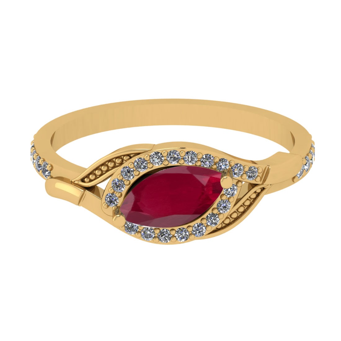 0.57 Ctw VS/SI1 Ruby And Diamond 14K Yellow Gold Engagement Ring: Center Stone Weight : 0.50 Ctw (Marquise Cut) Center Stone Color : Ruby Stone Setting : Prong Side Stone Weight Of Ctw 0.17 Ctw Side Stone Color : J-K Stone Clarity : VS/SI1 Stone Setting : Prong Meta