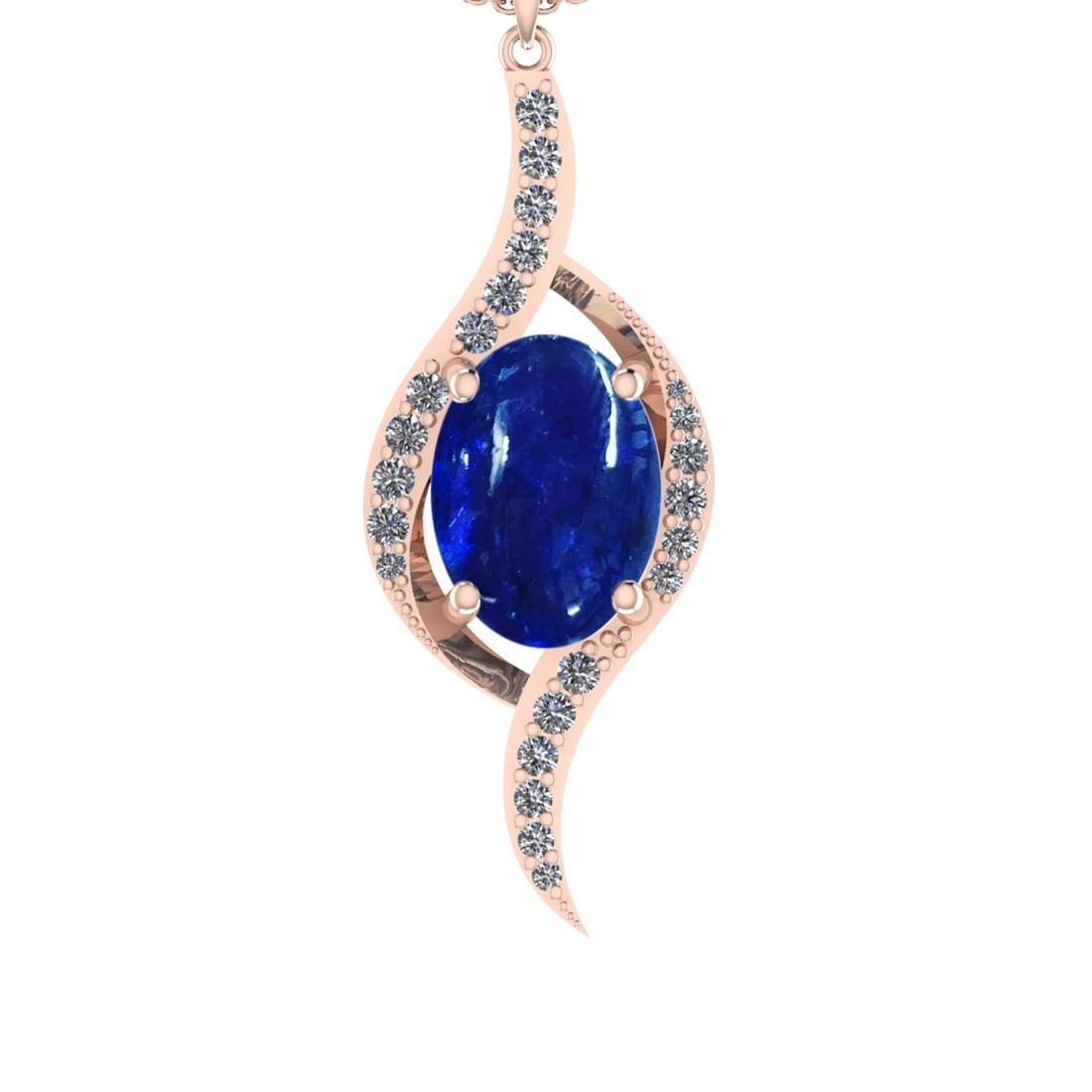 7.93 Ctw SI1/SI2 Tanzanite and Diamond 14k Rose Gold Pandant (ALL DIAMOND A: Center Stone Weight :-7.30 Ctw ( Oval Cab) Center Stone Color :-Tanzanite Center Stone Setting : Prong Side Diamond Weight Of Ctw 0.63 Ctw Color : J-K Clarity : SI1/SI2 Stone Setting : Prong Metal Wei