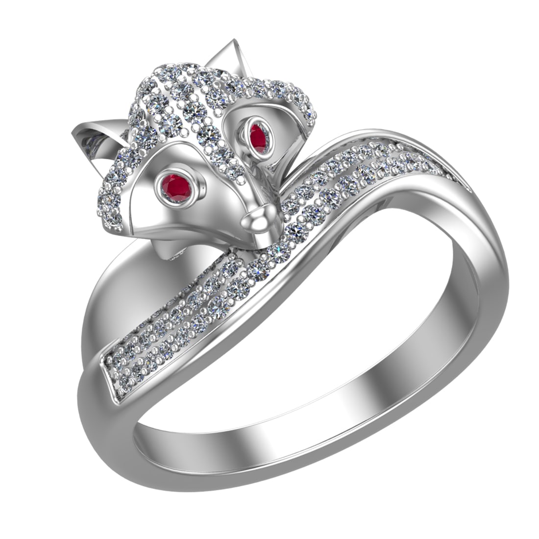 0.52 Ctw VS/SI1 Ruby and Diamond 14k white Gold Animal theme Fox Ring (ALL: Center Stone Weight :-0.03 Ctw ( Round Cut) Center Stone Color :-Ruby Center Stone Setting : Prong Side Diamond Weight Of Ctw :- 0.49 Ctw Color : J-K Clarity : VS/SI1 Daimond Setting : Prong Metal Wei