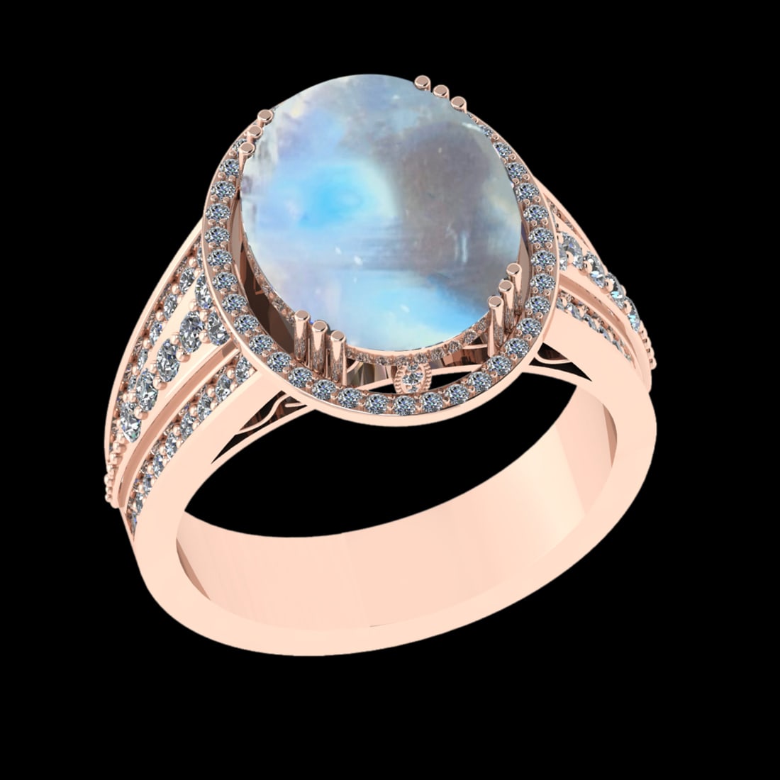 5.95 Ctw VS/SI1 Rainbow Moonstone And Diamond 14K Rose Gold Engagement Ring: Center Stone Weight : 5.35 Ctw ( Oval Cab ) Center Stone Color : Rainbow Moonstone Stone Setting : Prong Side Diamond Weight Of Ctw 0.60 Ctw Side Stone Color : J-K Stone Clarity : VS/SI1 Stone Setting