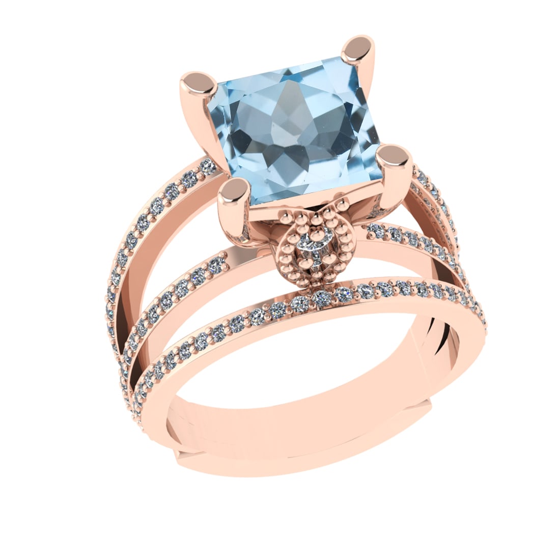 2.70 Ctw VS/SI1 Blue Topaz And Diamond 14K Rose Gold Engagement Ring( ALL D: Center Stone Weight : 2.00 Ctw ( Princess Cut ) Center Stone Color : Blue Topaz Stone Setting : Prong Side Diamond Weight Of Ctw 0.70 Ctw Side Stone Color : J-K Stone Clarity : VS/SI1 Stone Setting : 