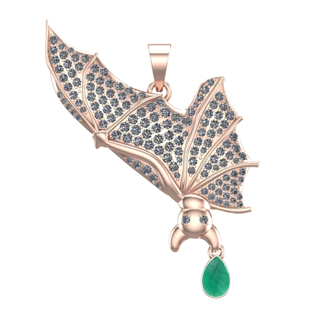 2.05 Ctw VS/SI1 Emeraldand Diamond Prong Set 14k Rose Gold Bat Theme Pendan: Center Stone Weight :-0.50 Ctw ( Pear Cut ) Center Stone Color :-Emerald Center Stone Setting : Prong Side Diamond Weight Of Ctw :- 1.55 Ctw Color : J-K Clarity : VS/SI1 Daimond Setting : Prong Metal 