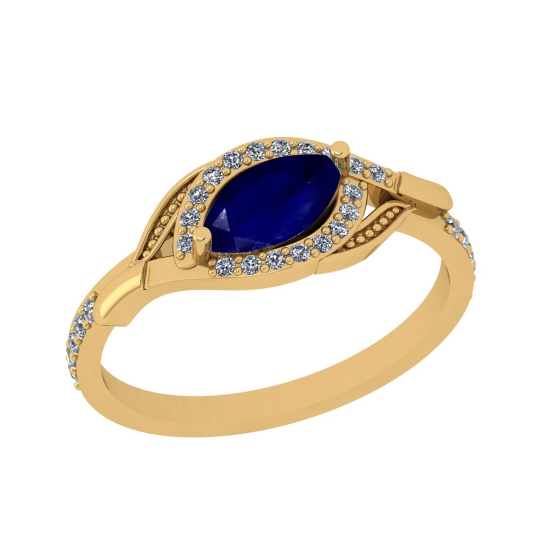 0.57 Ctw VS/SI1 Blue Sapphire And Diamond 14K Yellow Gold Engagement Ring: Center Stone Weight : 0.50 Ctw (Marquise Cut) Center Stone Color : Blue Sapphire Stone Setting : Prong Side Stone Weight Of Ctw 0.17 Ctw Side Stone Color : J-K Stone Clarity : VS/SI1 Stone Setting : P