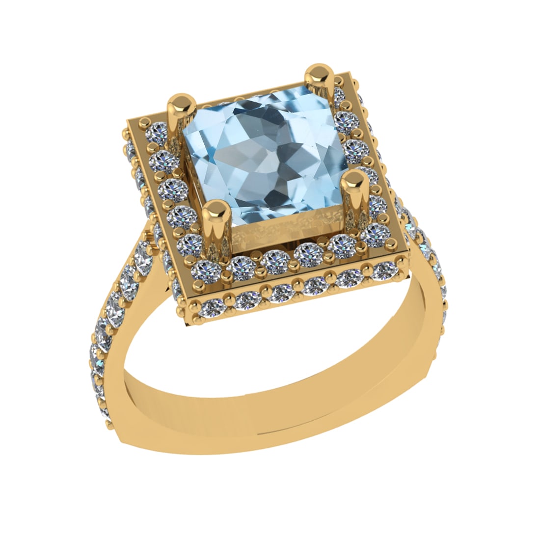 3.21 Ctw VS/SI1 Blue Topaz And Diamond 14K Yellow Gold Engagement Ring( ALL: Center Stone Weight : 1.80 Ctw ( Princess Cut ) Center Stone Color : Blue Topaz Stone Setting : Prong Side Diamond Weight Of Ctw 1.41 Ctw Side Stone Color : J-K Stone Clarity : VS/SI1 Stone Setting : 